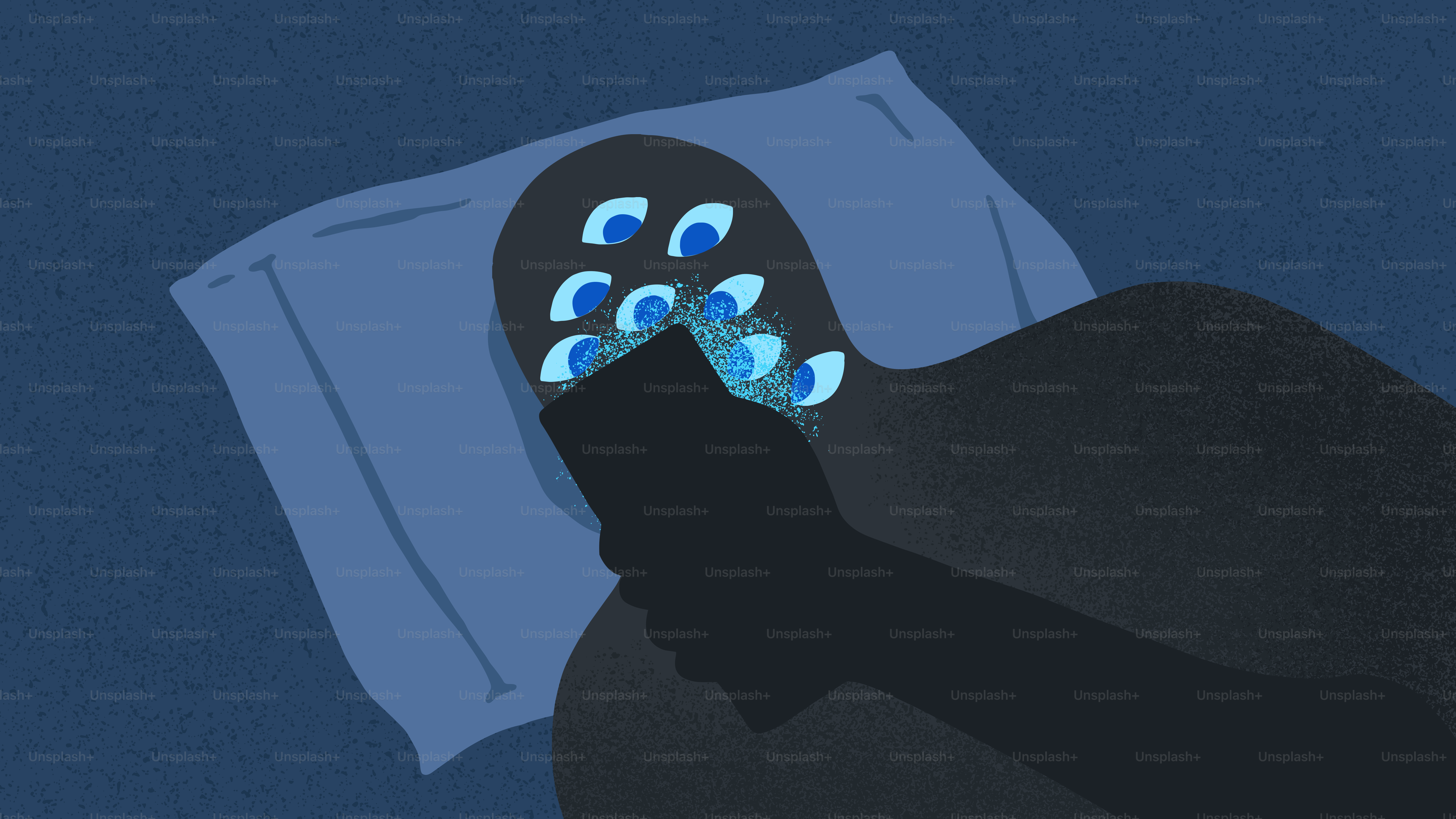 Person in bed with many eyes looking at phone