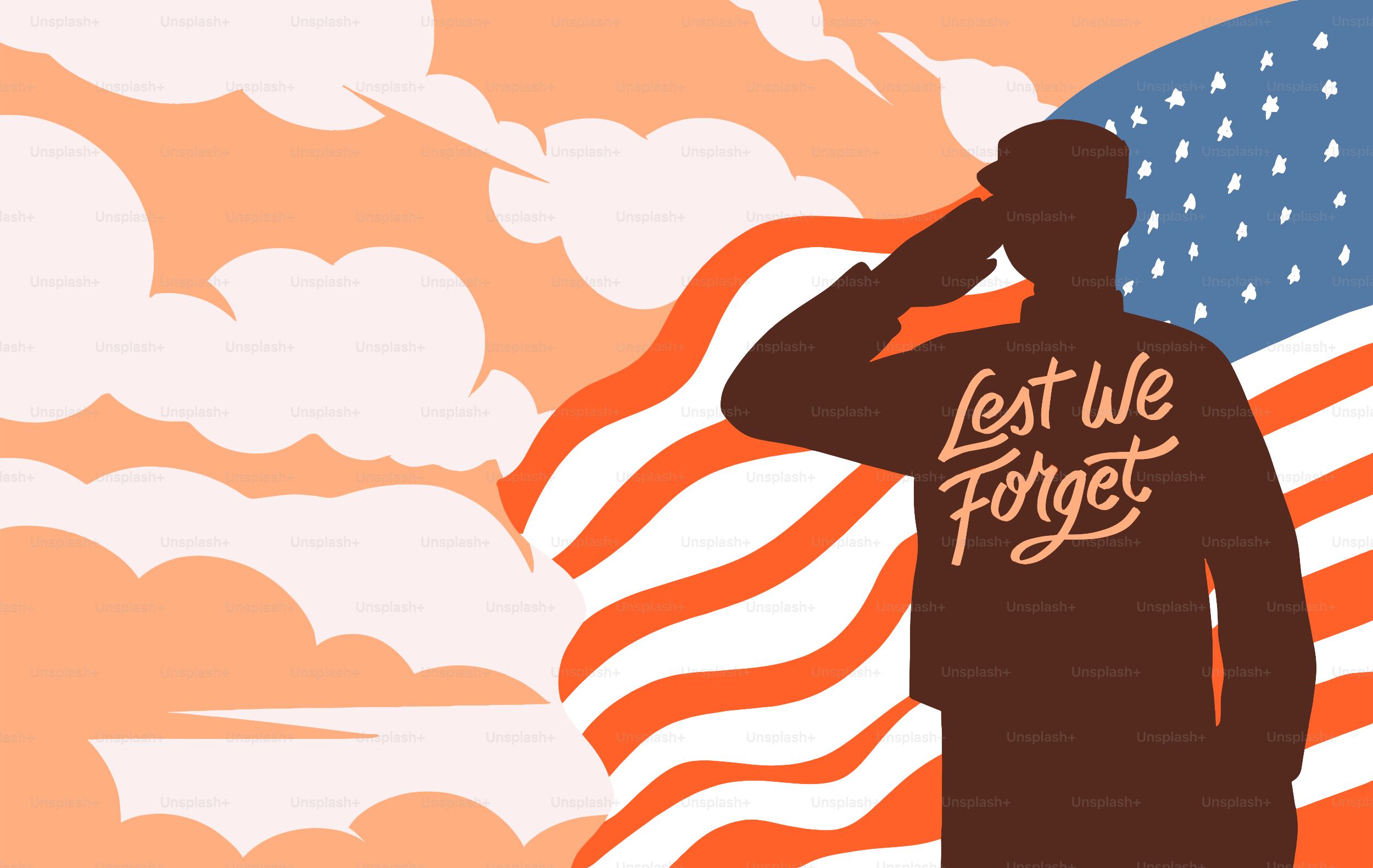 Soldado saludando la bandera americana con "no olvidemos"