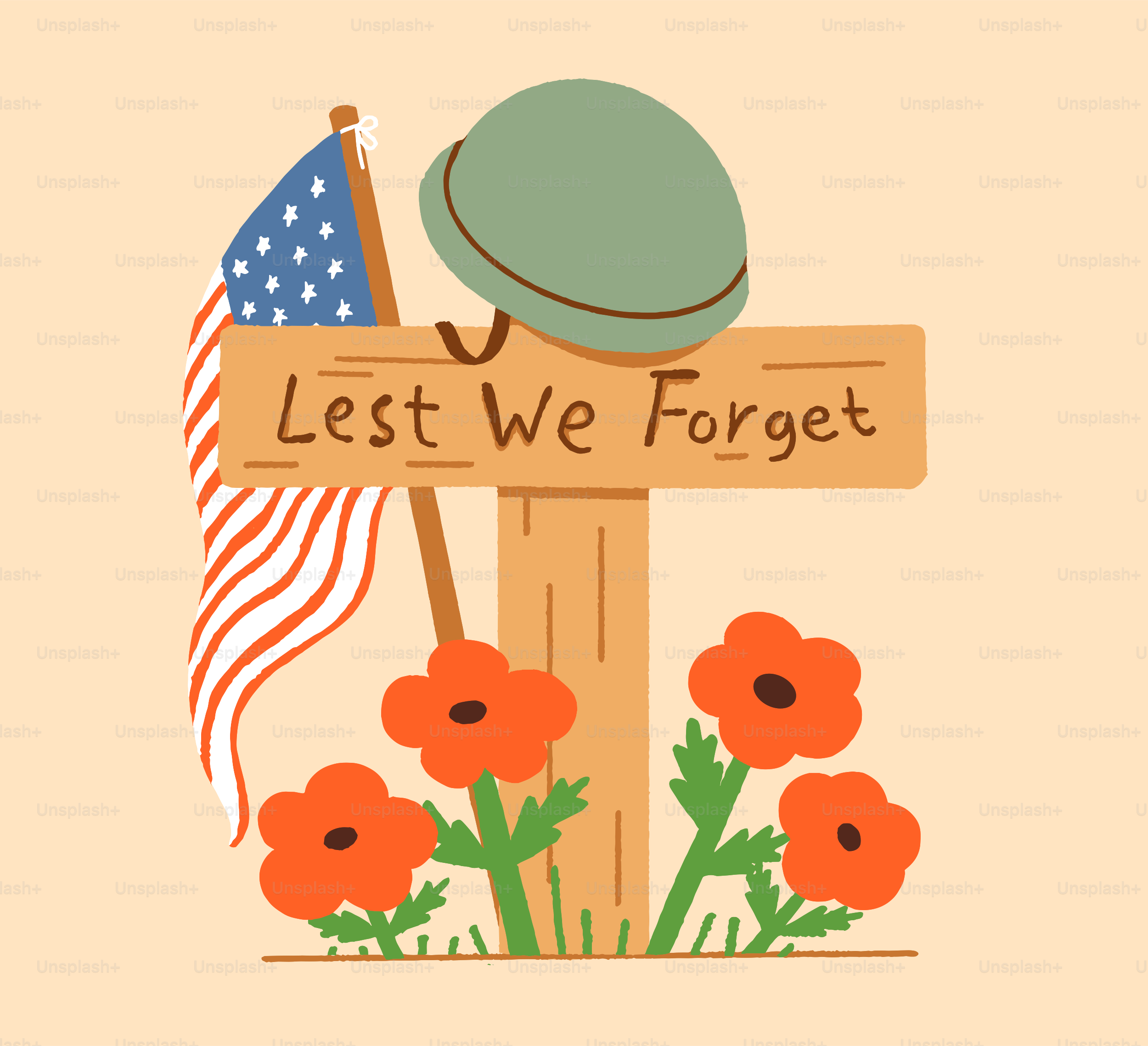 Cruz de madera con amapolas, bandera y casco