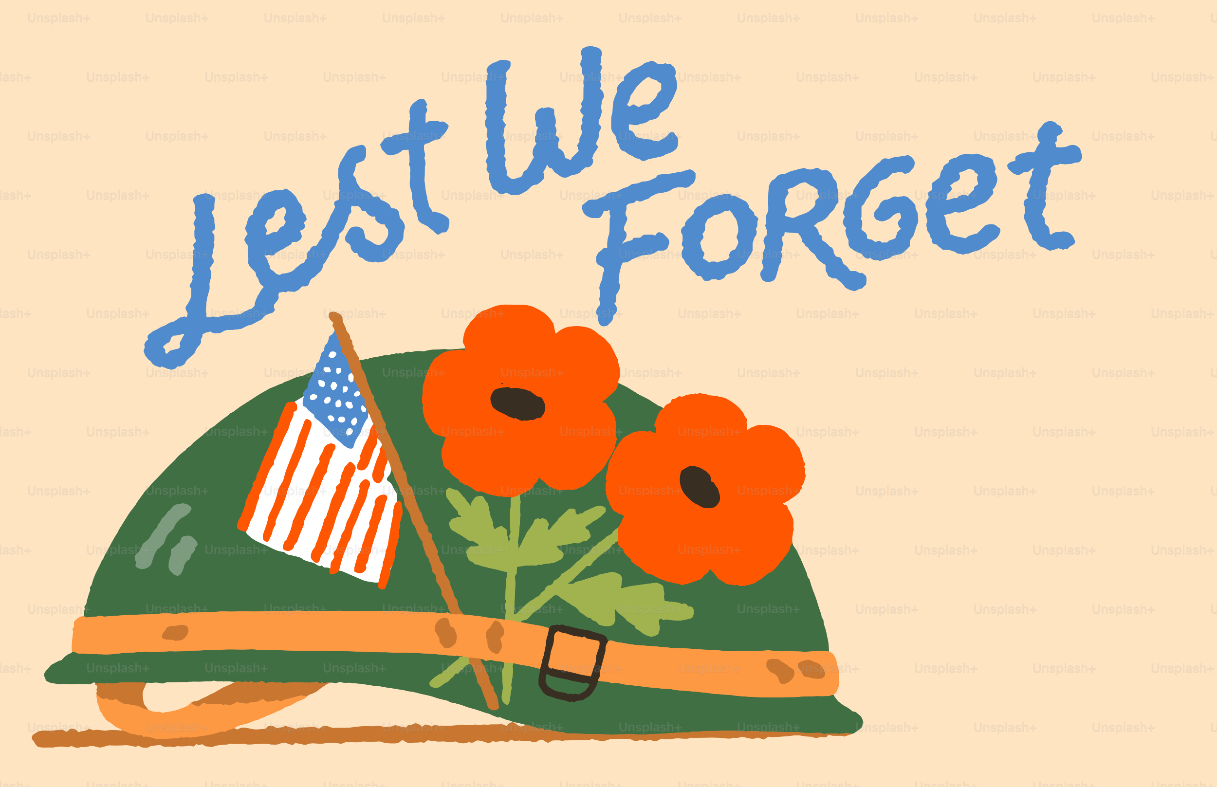 Un casco militar con amapolas y "para que no olvidemos".