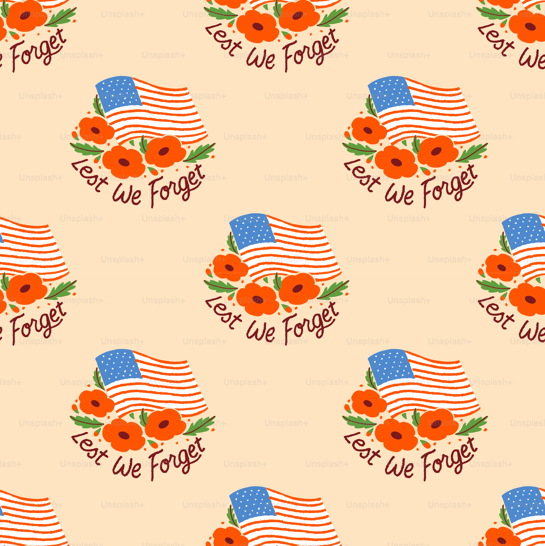 Bandera estadounidense y amapolas con la inscripción 'no olvidemos'.