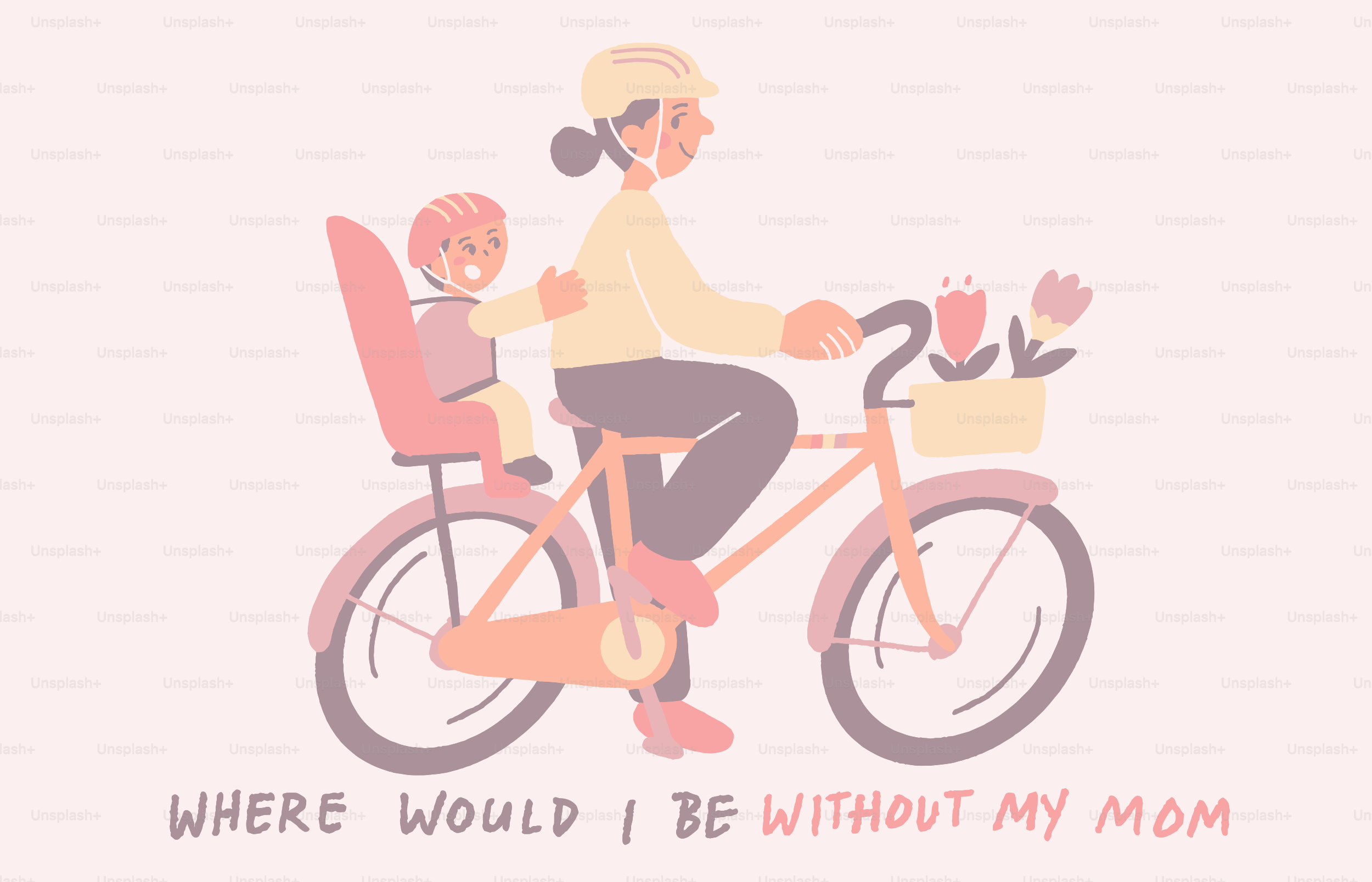 Madre e hijo van en bicicleta con flores en la cesta