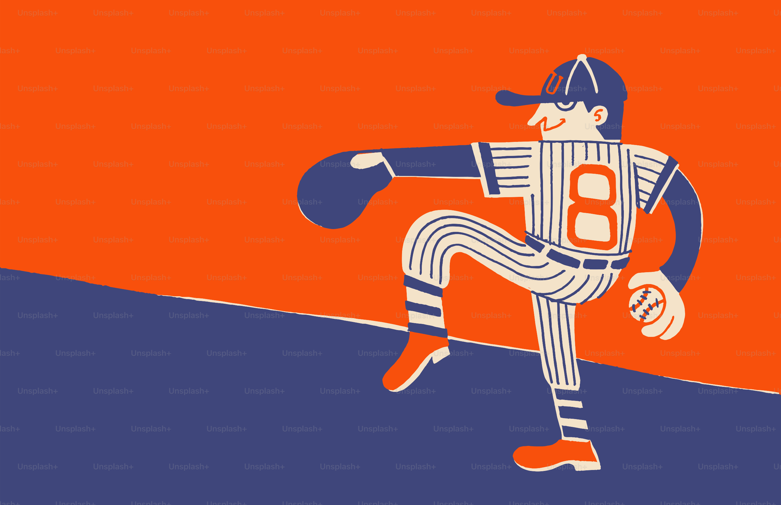 Lanzador de béisbol de dibujos animados en un lanzamiento a mitad de lanzamiento al campo.