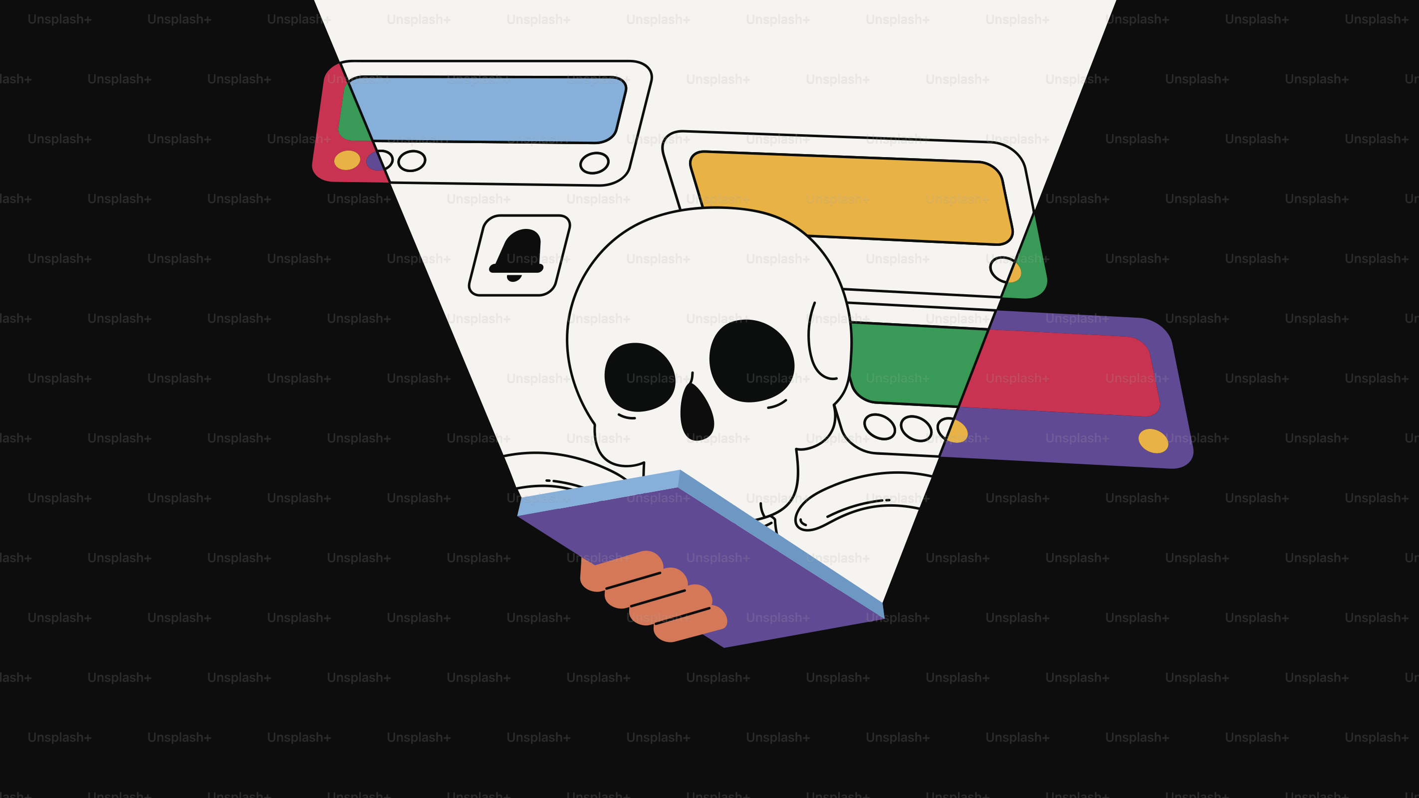 Esqueleto usando un smartphone con iconos de notificación.