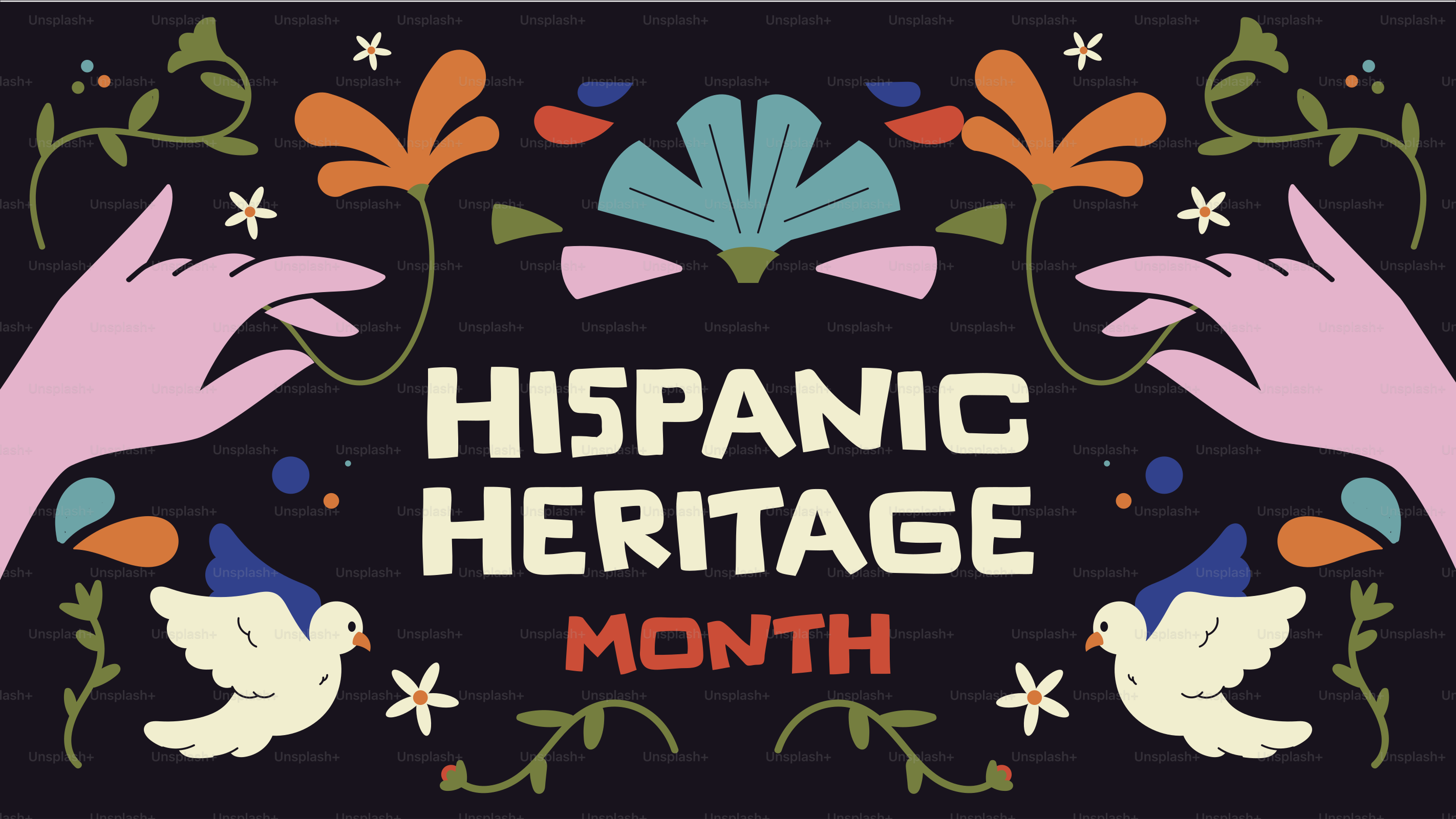 Mes de la herencia hispana con coloridos diseños florales y de pájaros