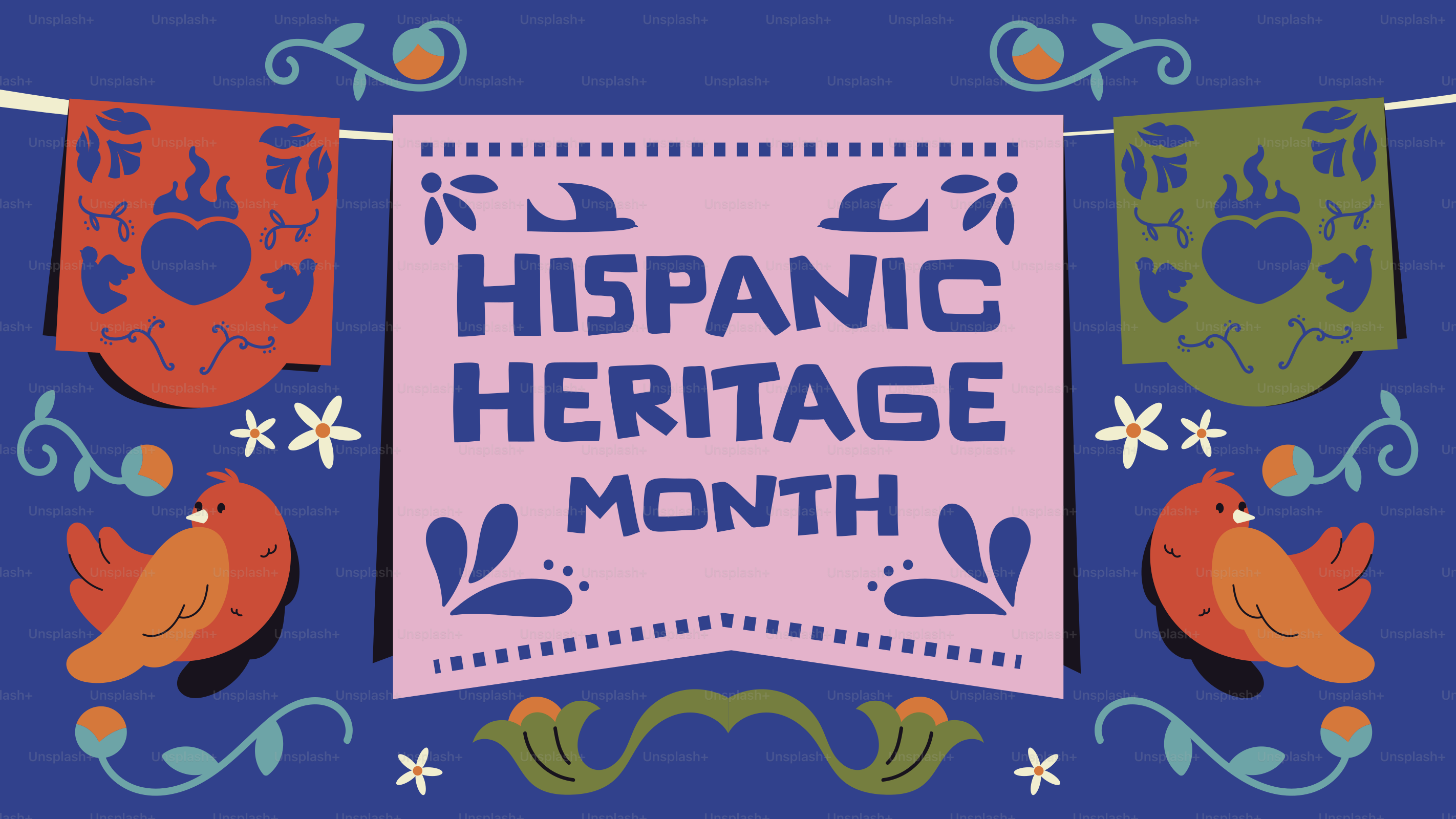 Pancarta del mes del patrimonio hispano con coloridas decoraciones