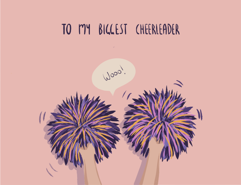 Two hands holding purple pom-poms with text 'woo!'