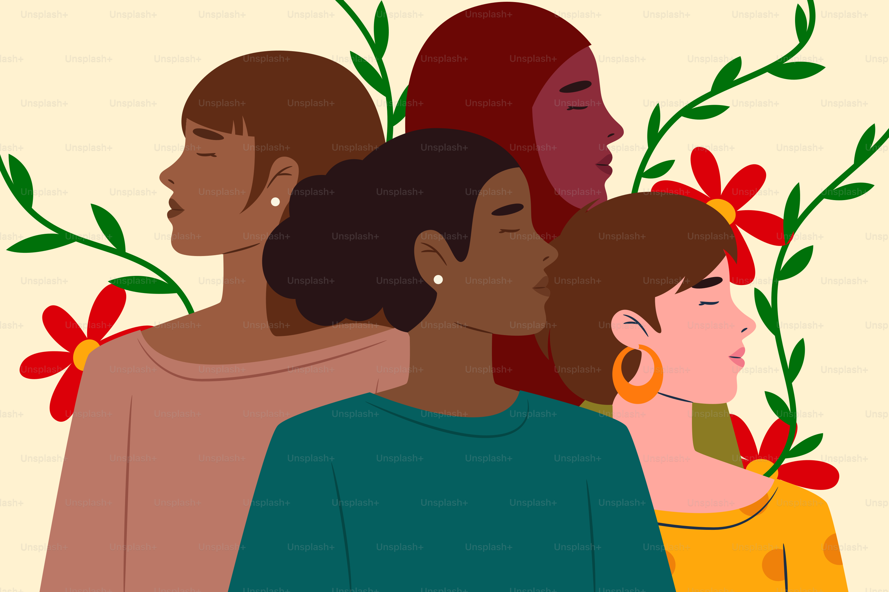 Mulheres diversas se unem com flores e folhas
