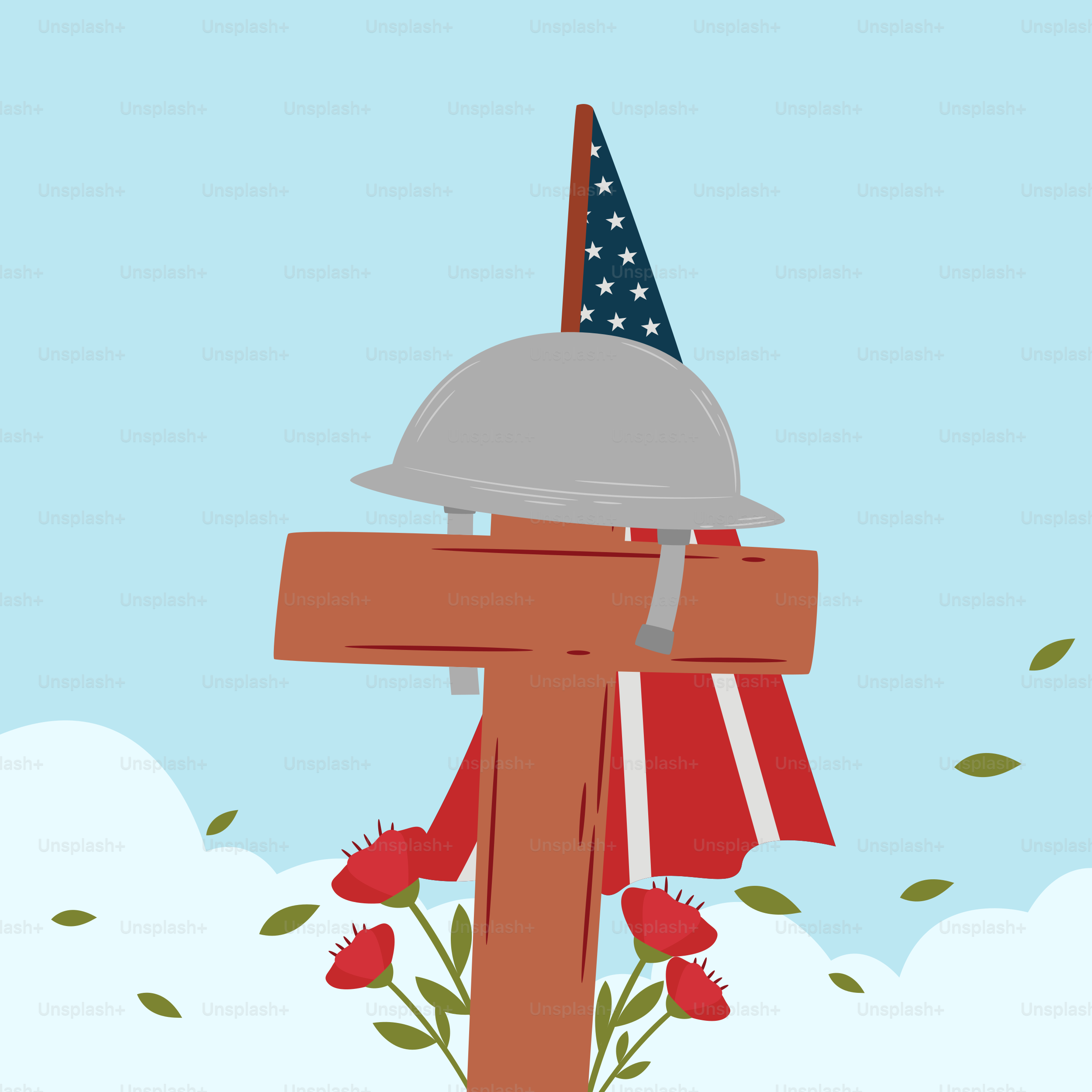 Cruz de madeira com capacete, bandeira e papoulas
