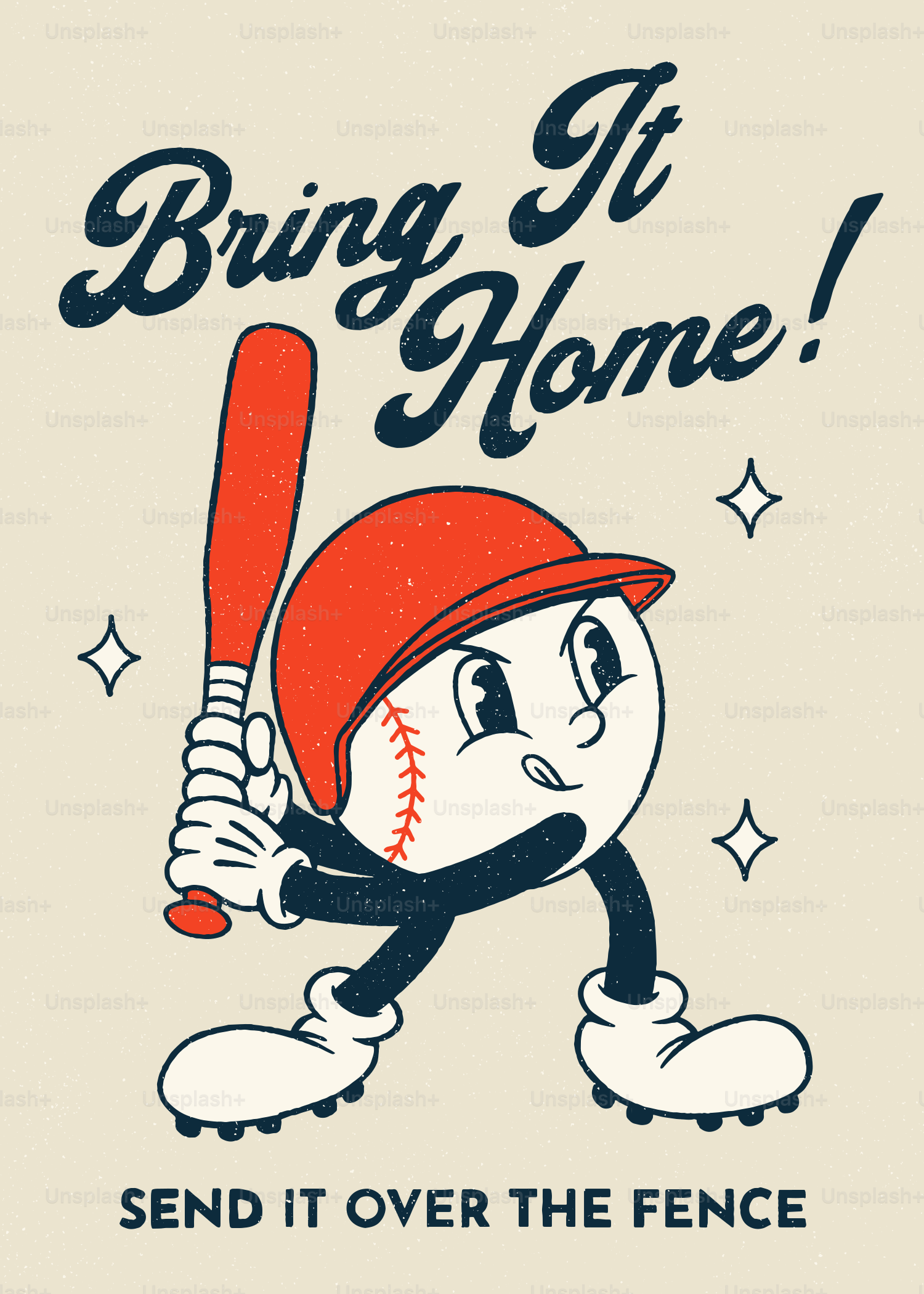 Personagem de beisebol de desenho animado com bastão e texto.
