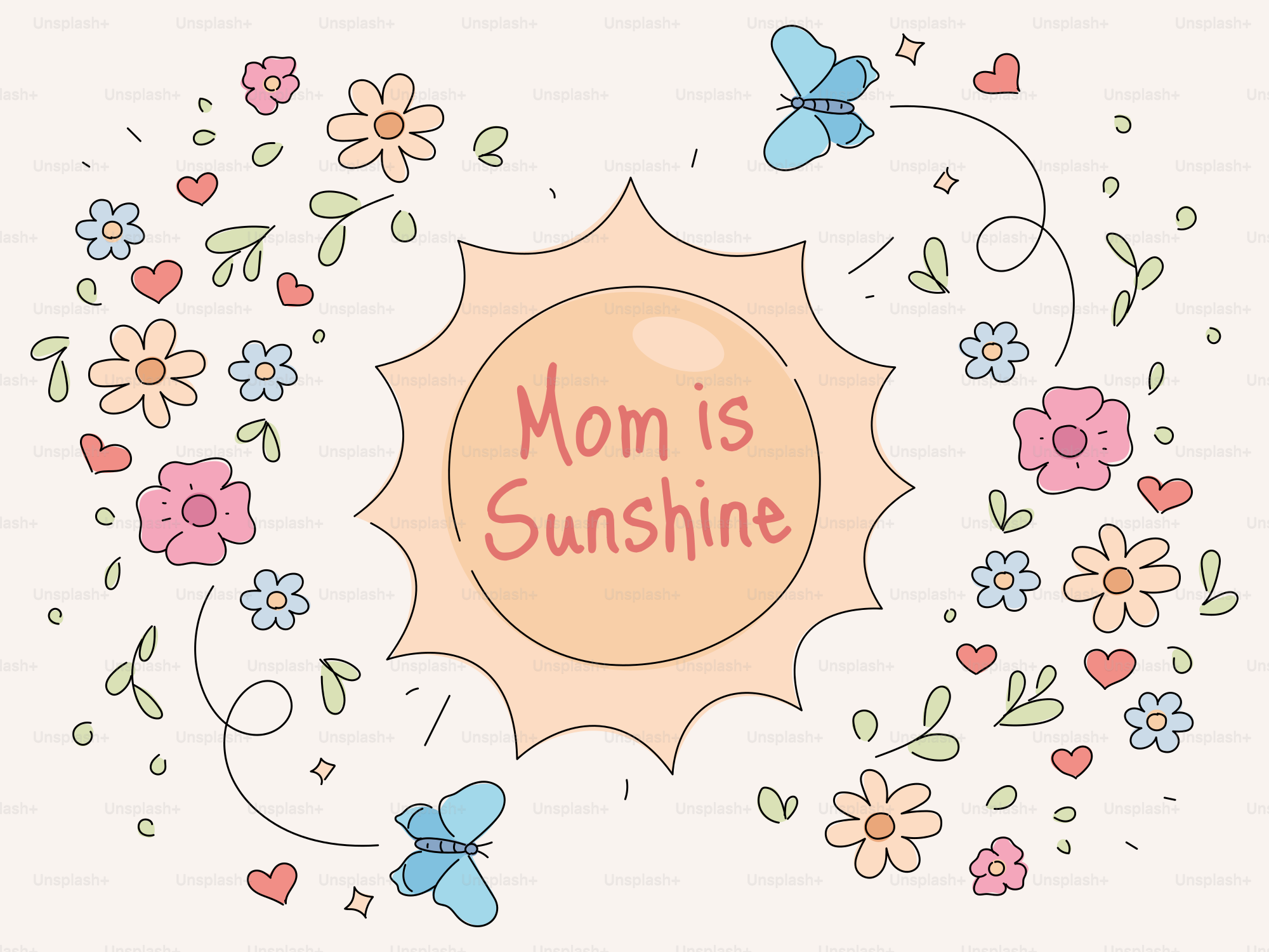 Sole con fiori e farfalle, mamma è sole.