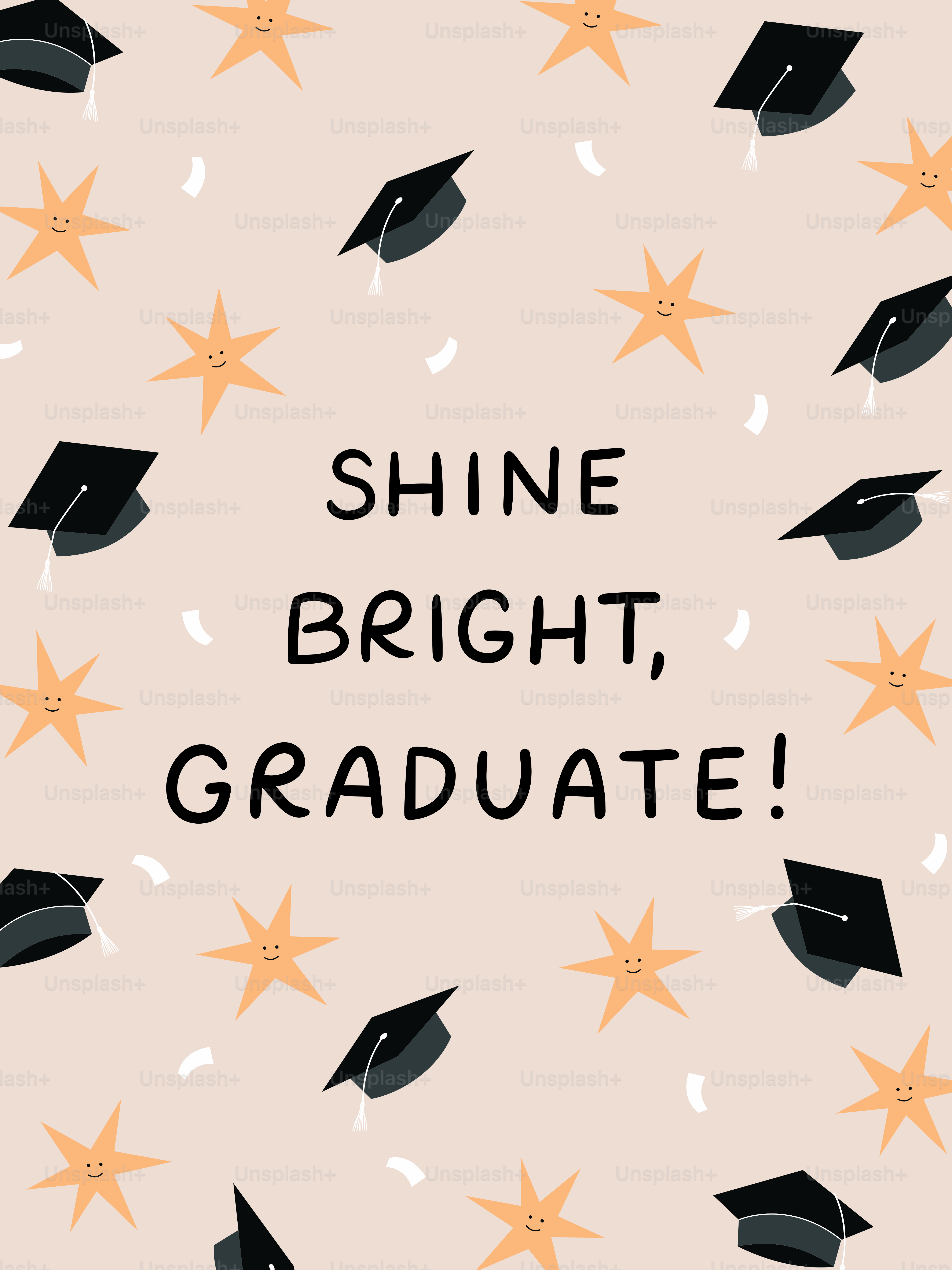 Graduation caps and stars with text 