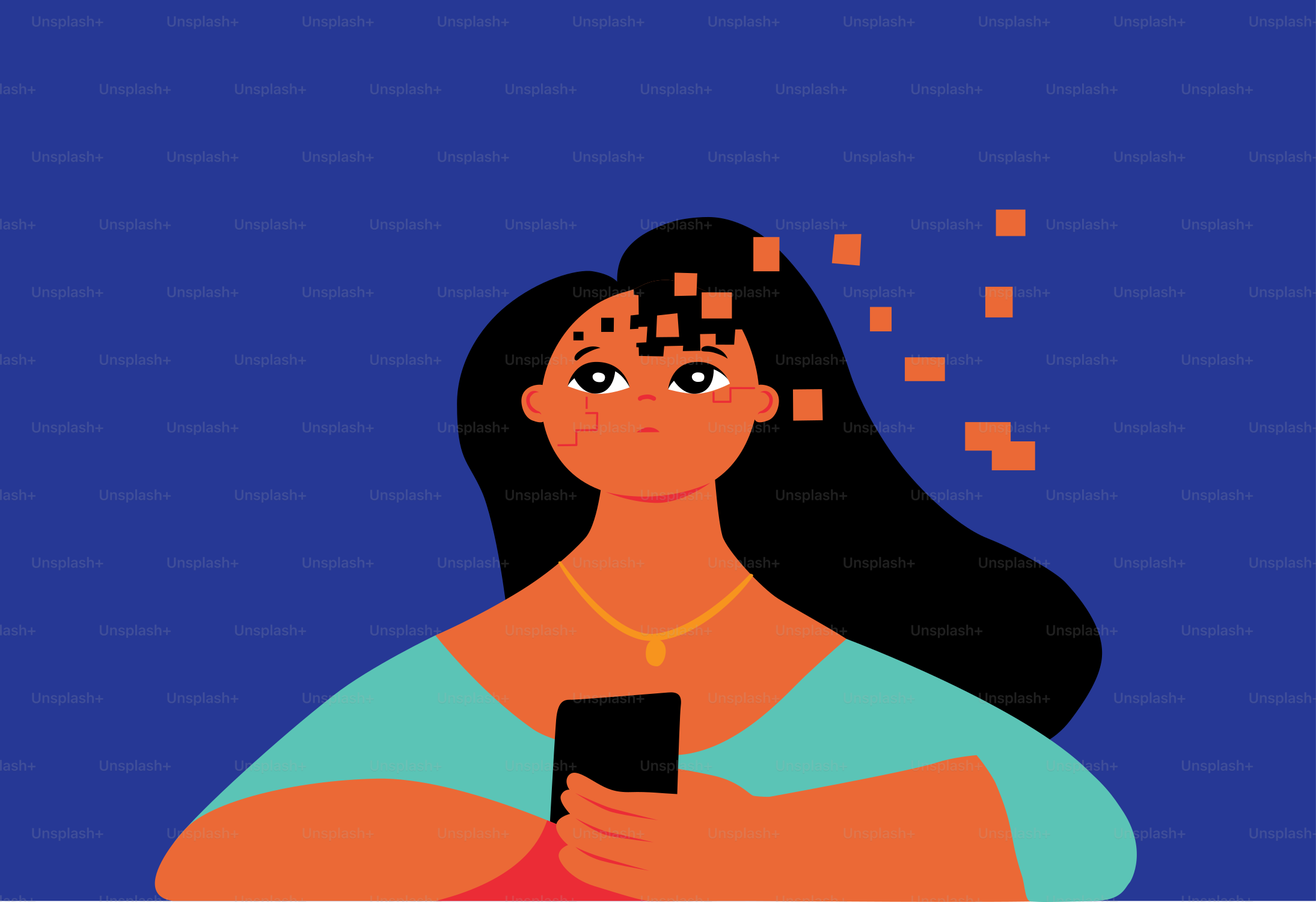 Woman with phone, pixels emanating from her head.