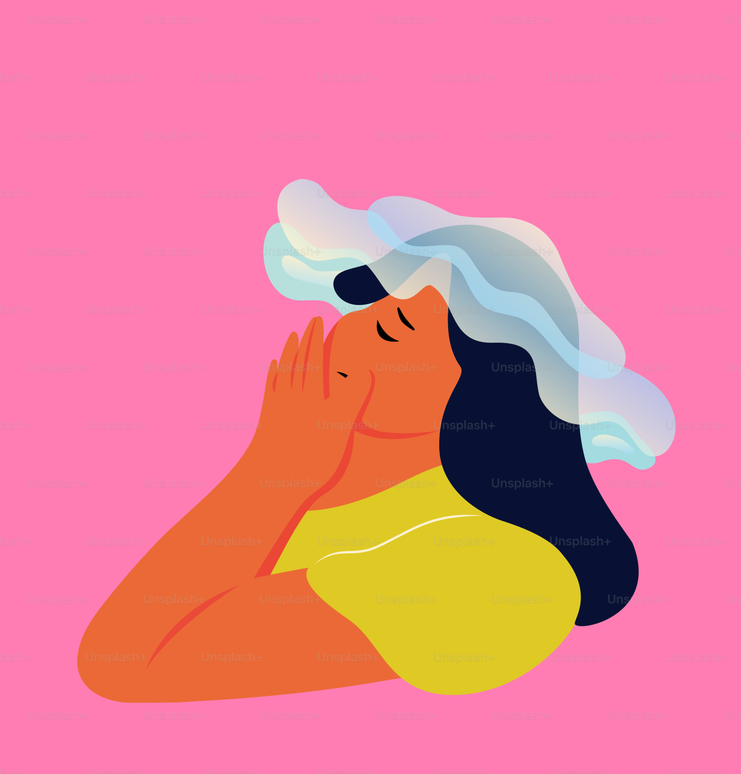 Woman with hands covering face, abstract blue waves