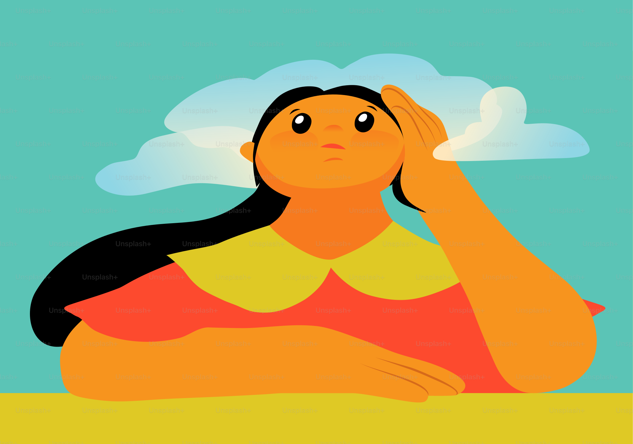 A woman looking up with a cloud behind her.