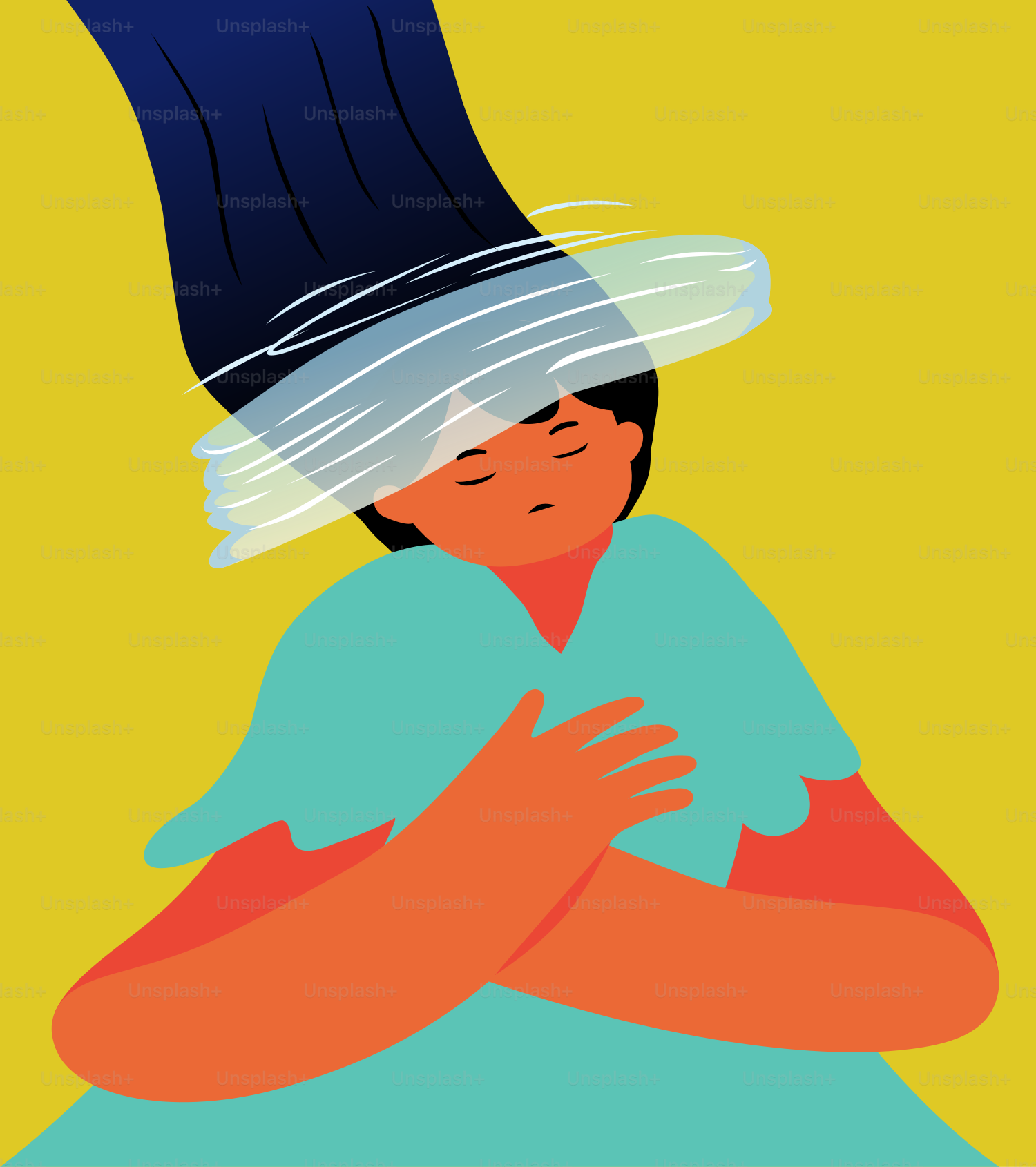 Person with eyes closed holding chest with hands over chest