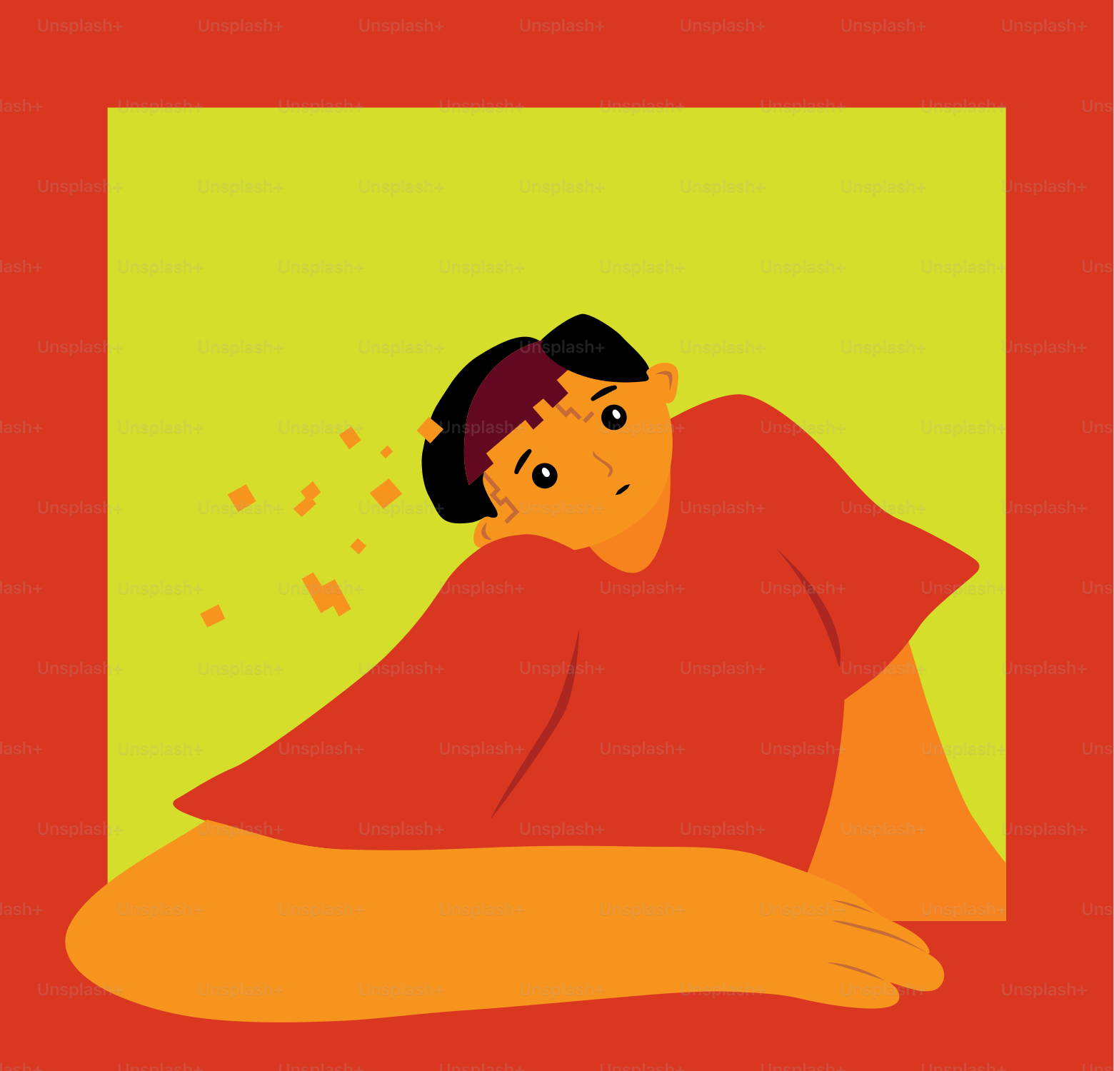 A person with orange skin and red shirt looks up.