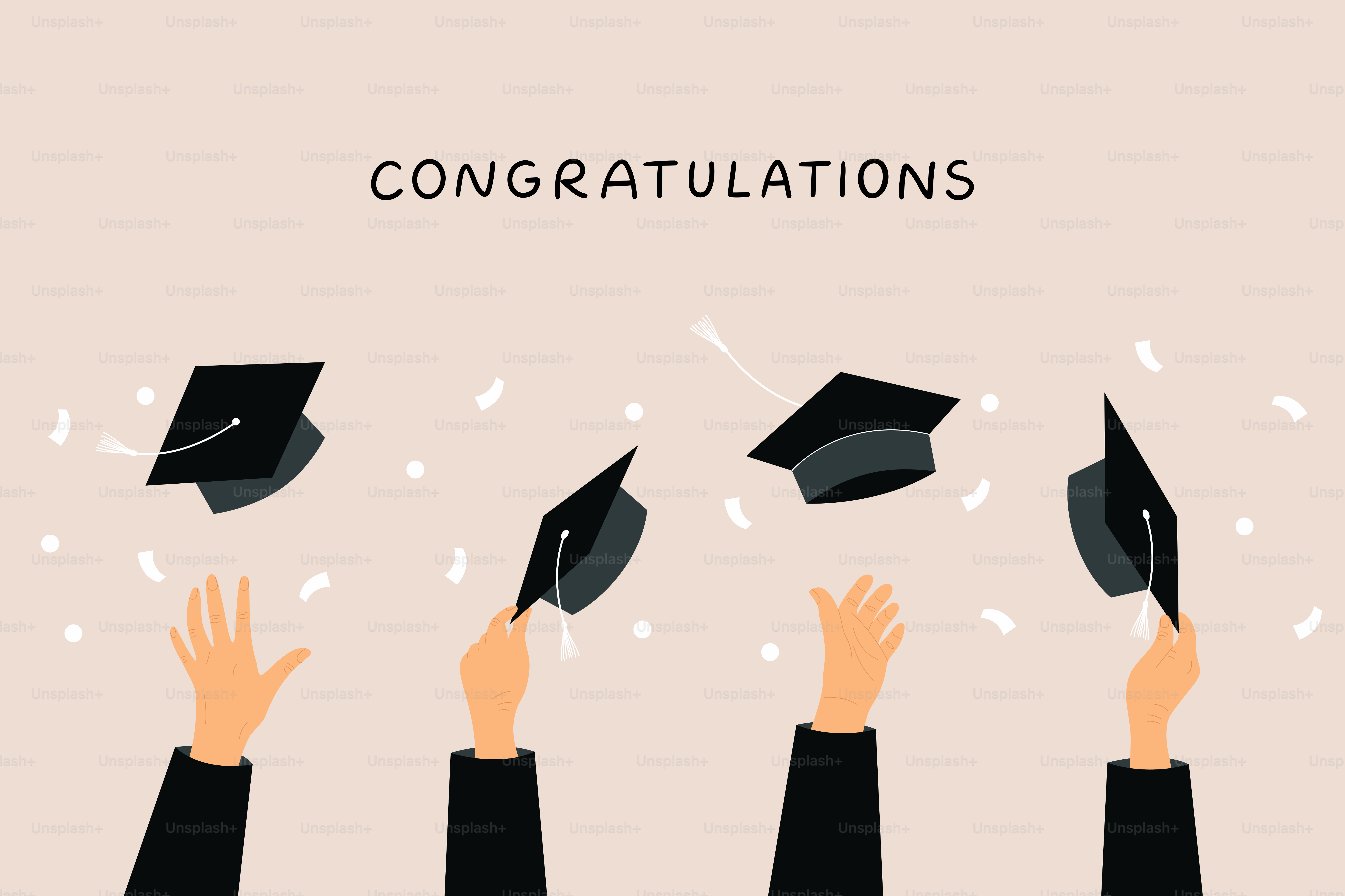 Graduation caps tossed in the air with text.