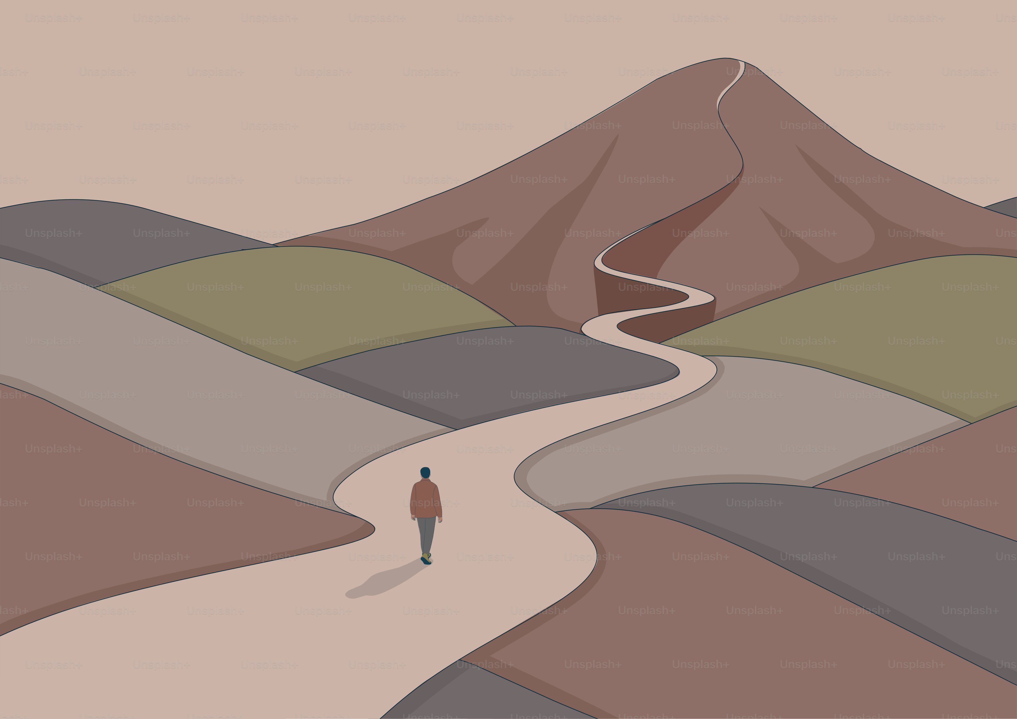 Person walks on a winding road towards a mountain.