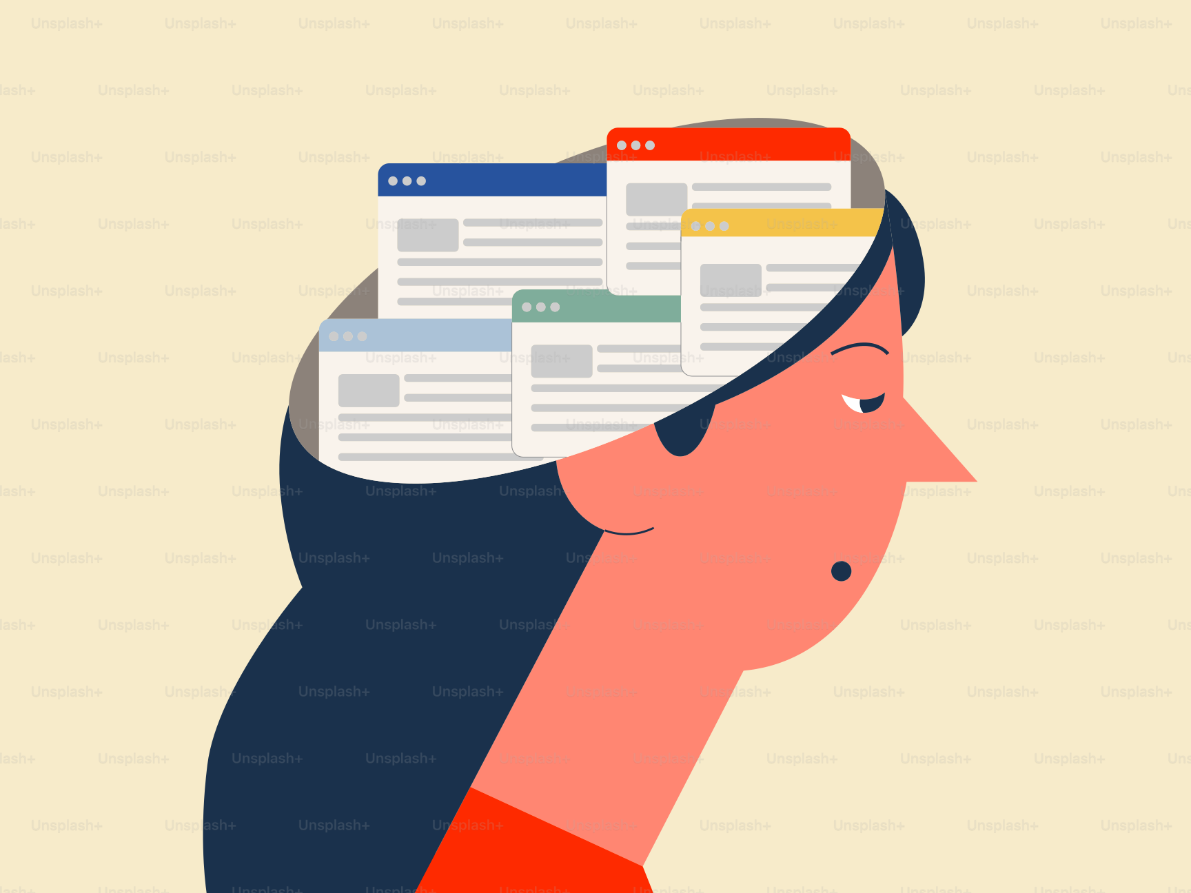 Mujer con ventanas del navegador abiertas en la cabeza.