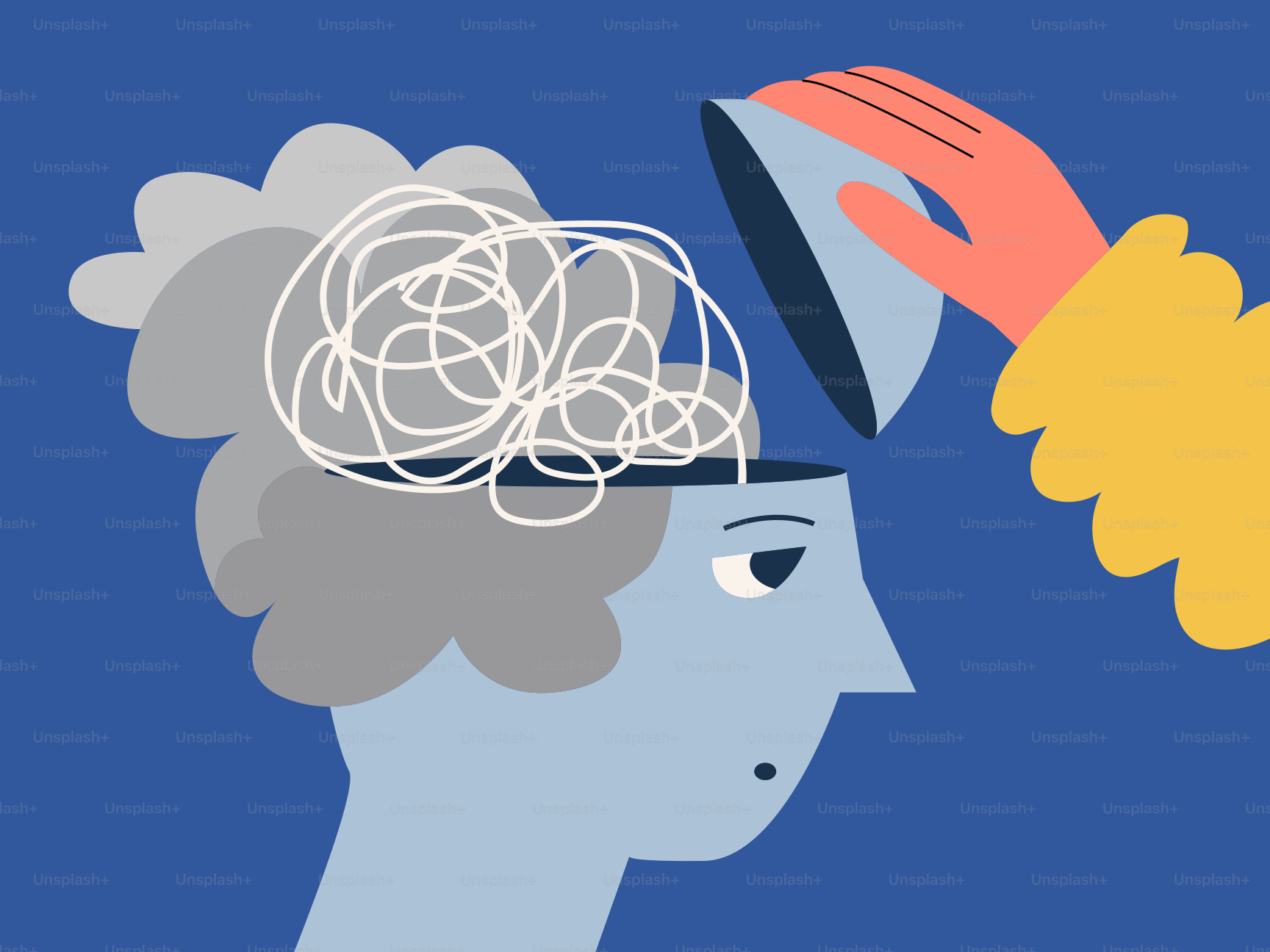 Una mano se abre la cabeza revelando pensamientos enredados