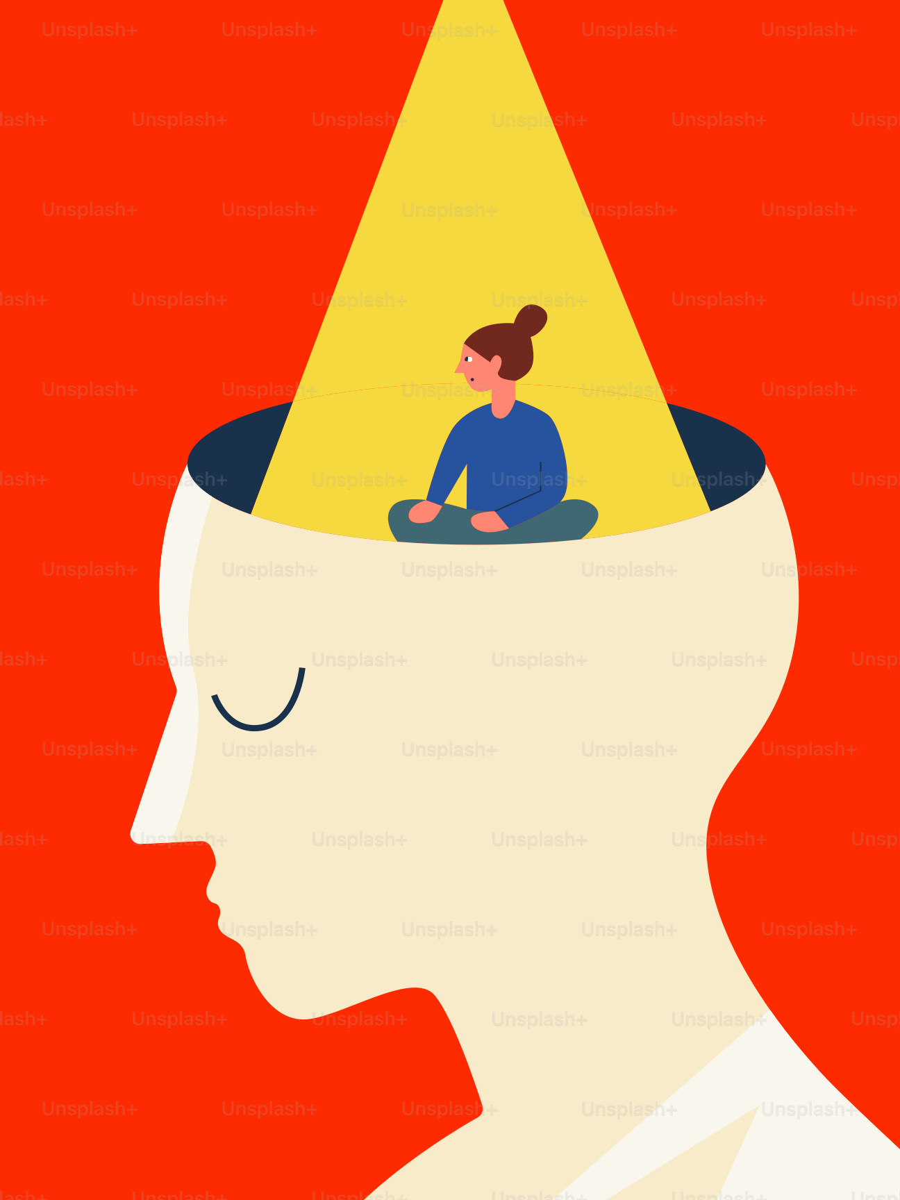 Mujer meditando dentro de una cabeza abierta bajo luz amarilla.