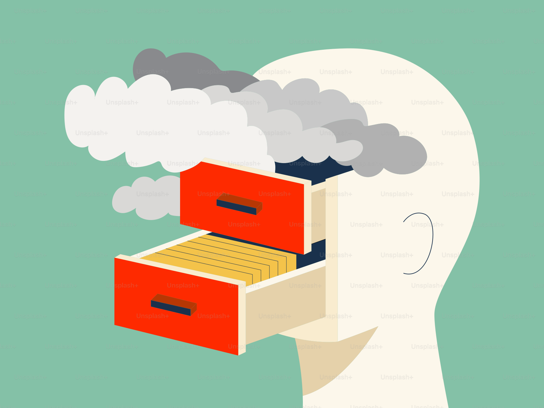 Cajones abiertos en la cabeza con nubes escapando