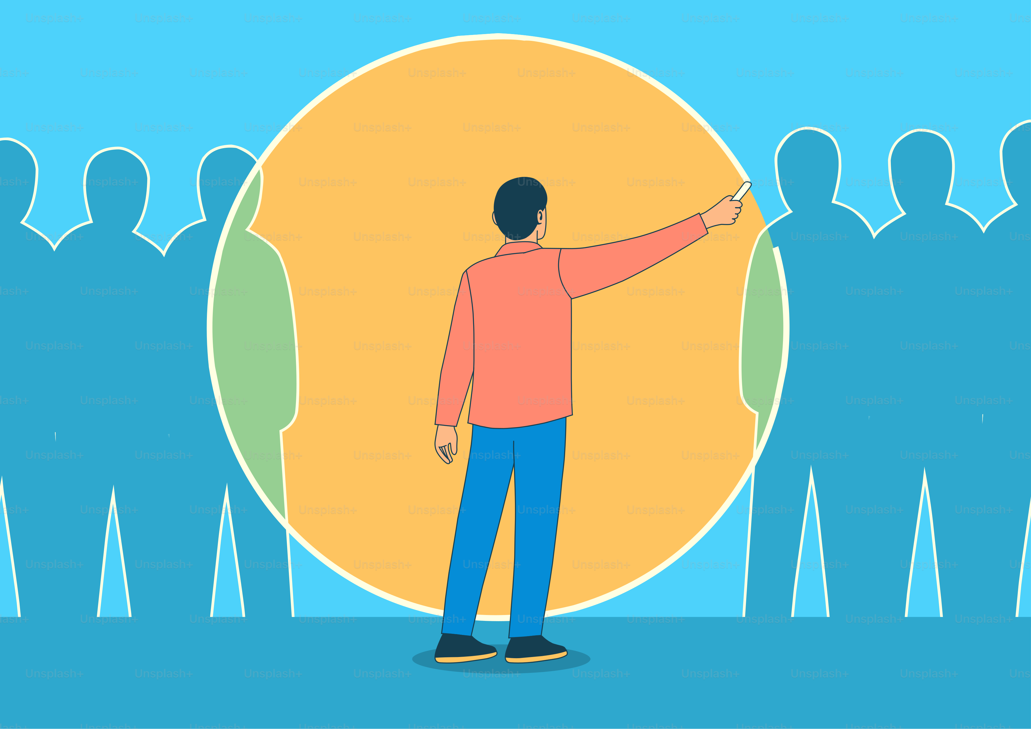 Man in spotlight pointing to a crowd