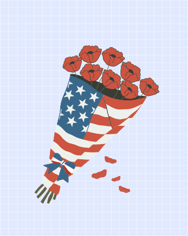 Ramo de amapolas envuelto en bandera americana