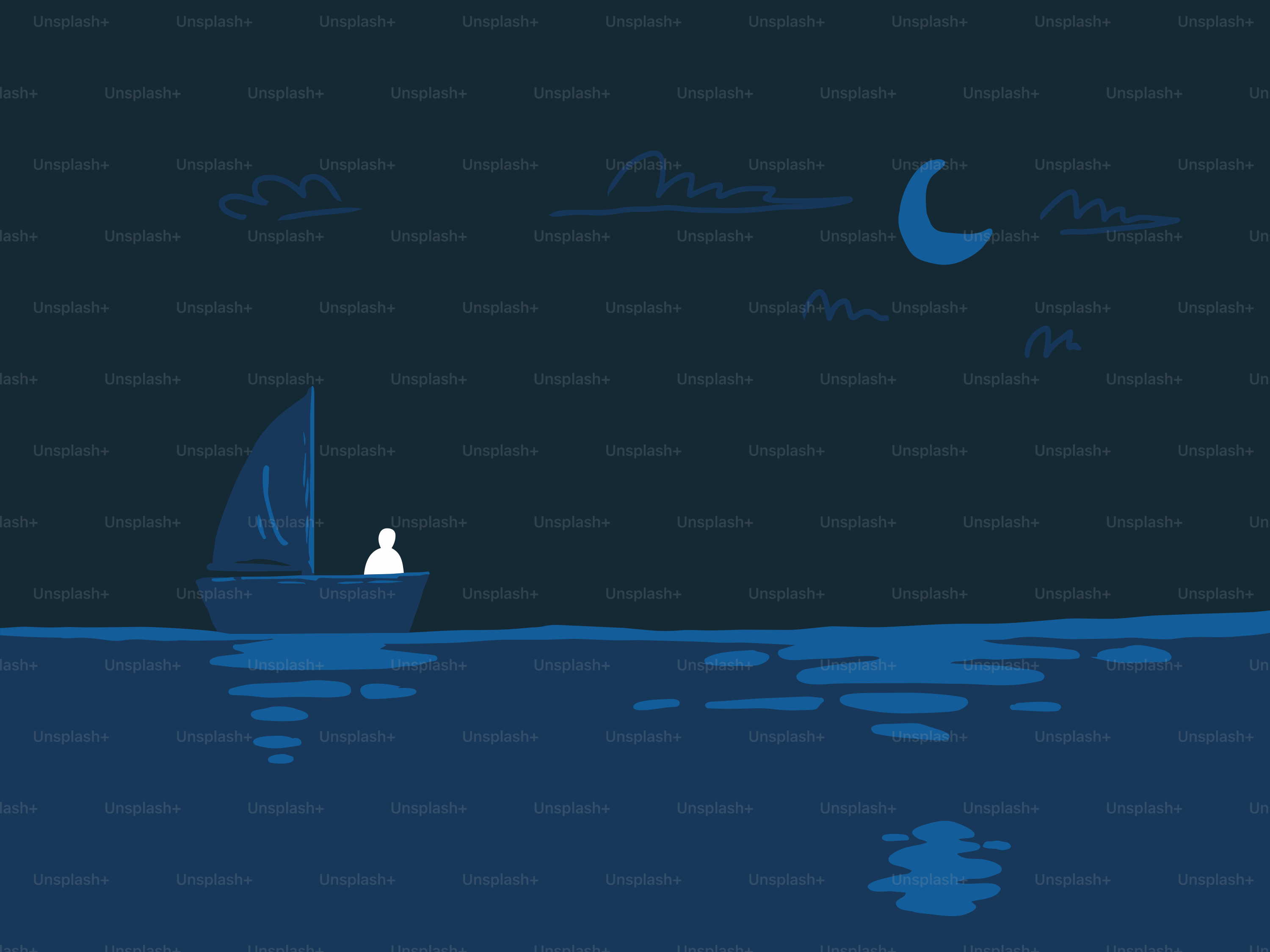 Une silhouette solitaire navigue sous un croissant de lune.