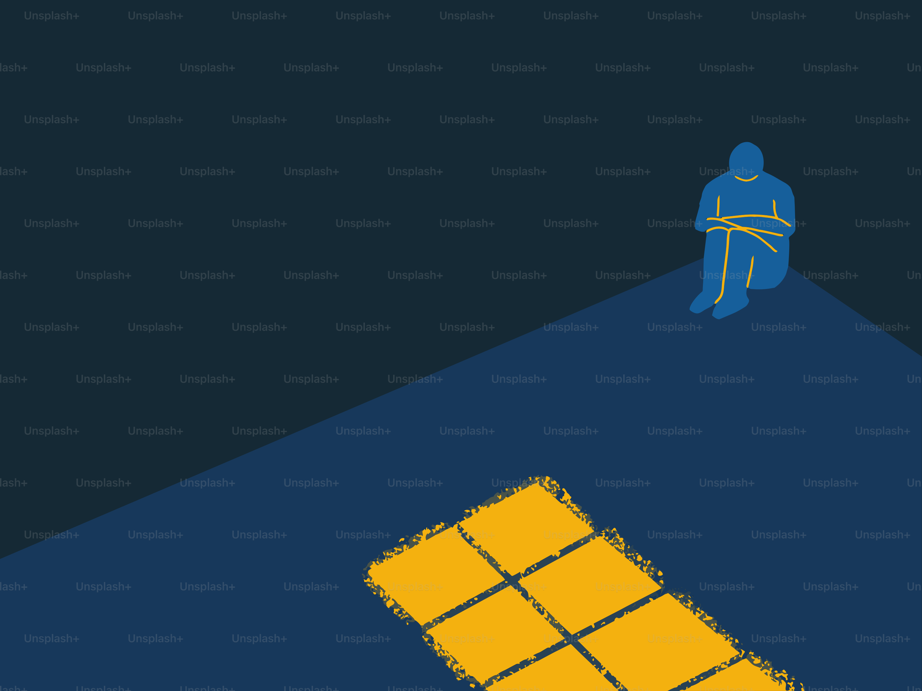 Une silhouette bleue est assise seule dans une pièce sombre.