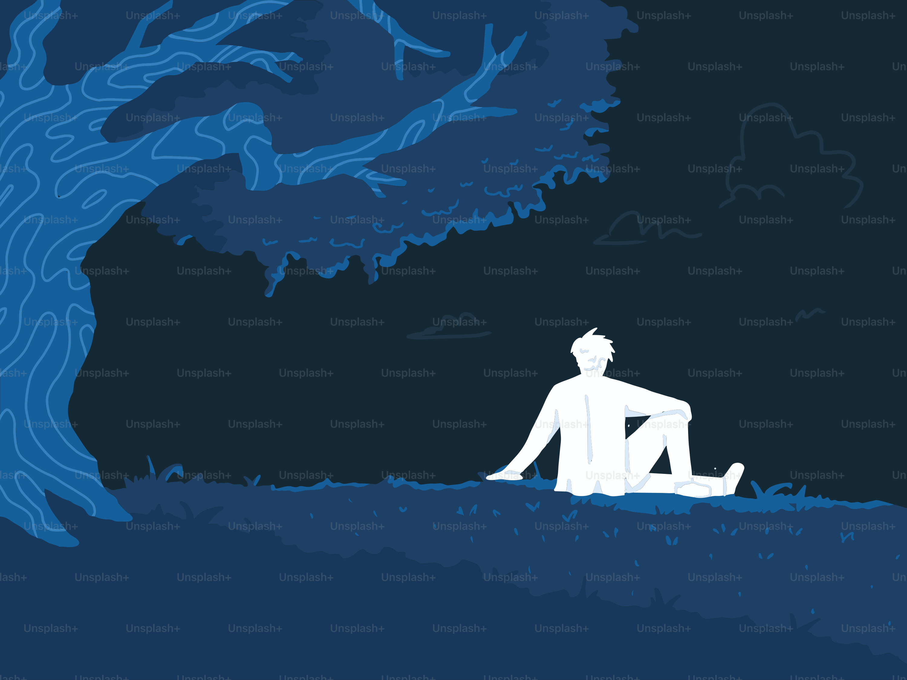 Une personne s’assoit sous un grand arbre la nuit.