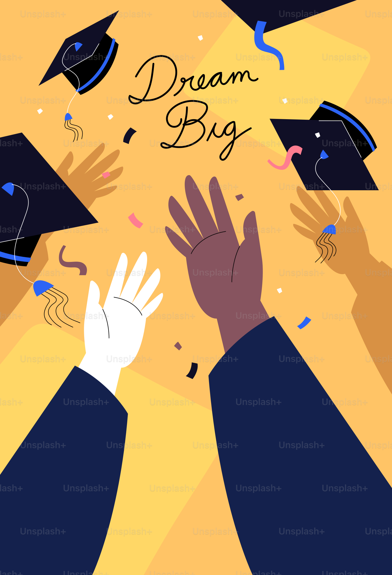 Gorros de graduación lanzados al aire con confeti.