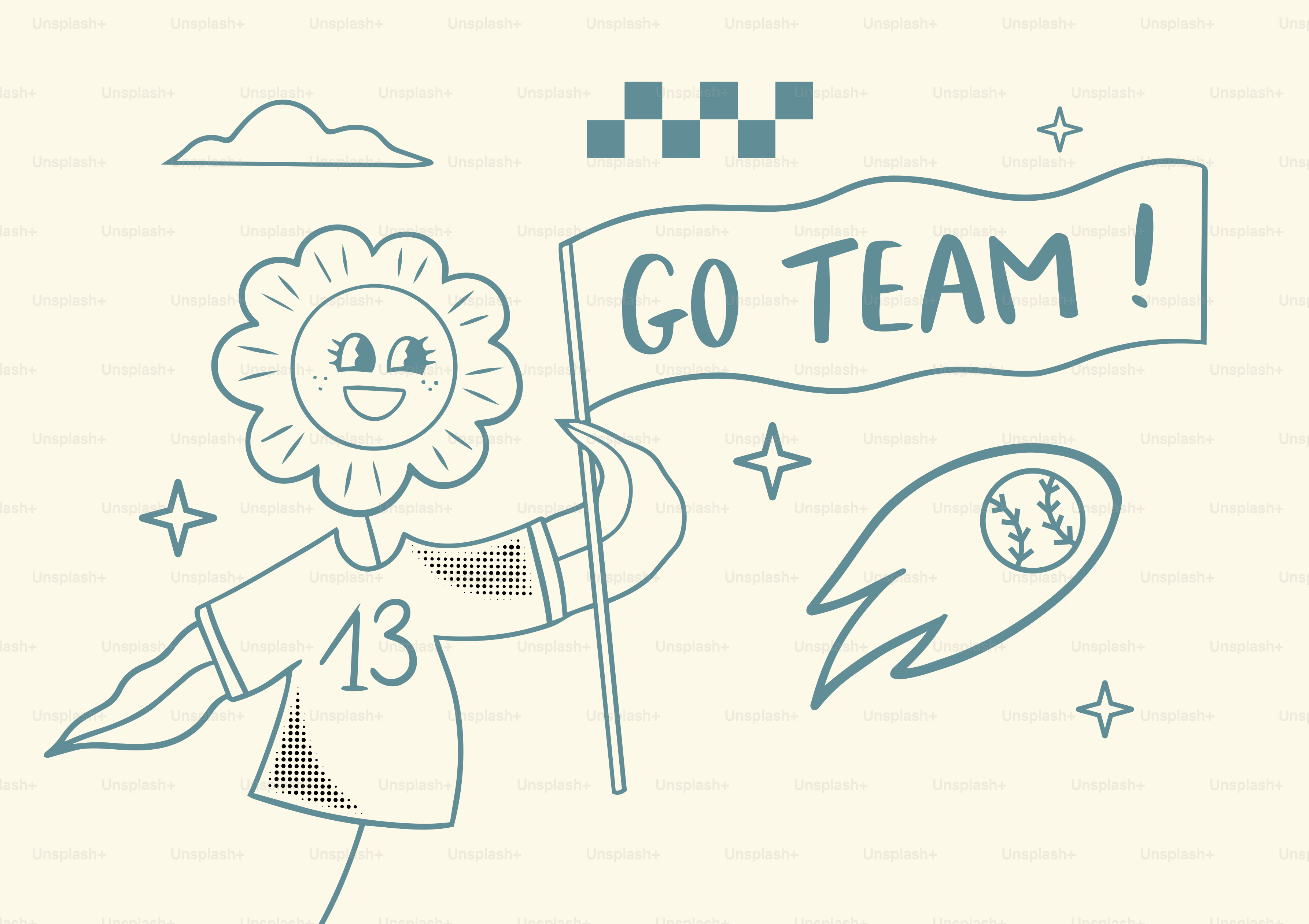 ¡Personaje de flores de dibujos animados sosteniendo un equipo de acción! Bandera