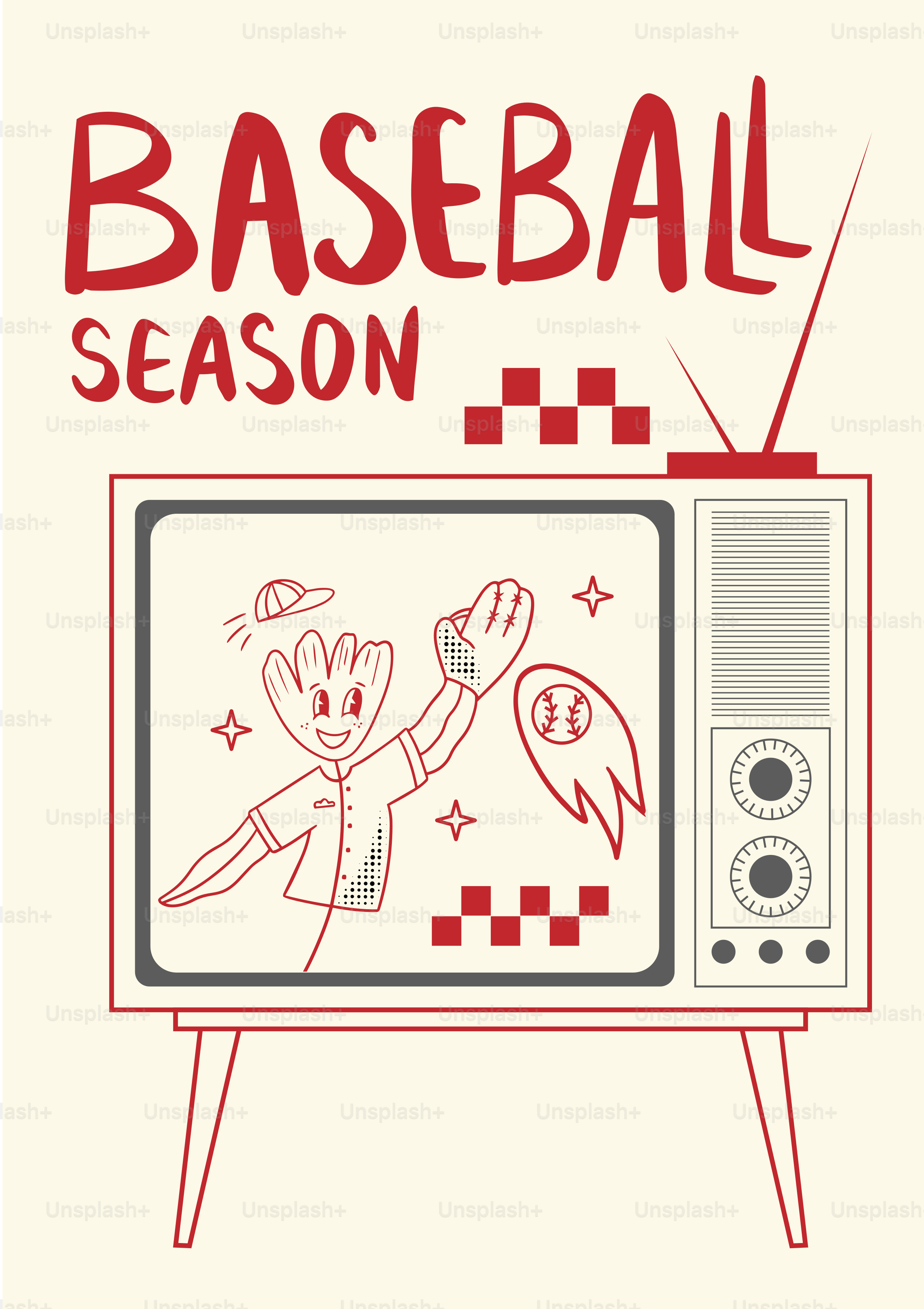 Televisión retro mostrando a un jugador de béisbol atrapando una pelota.