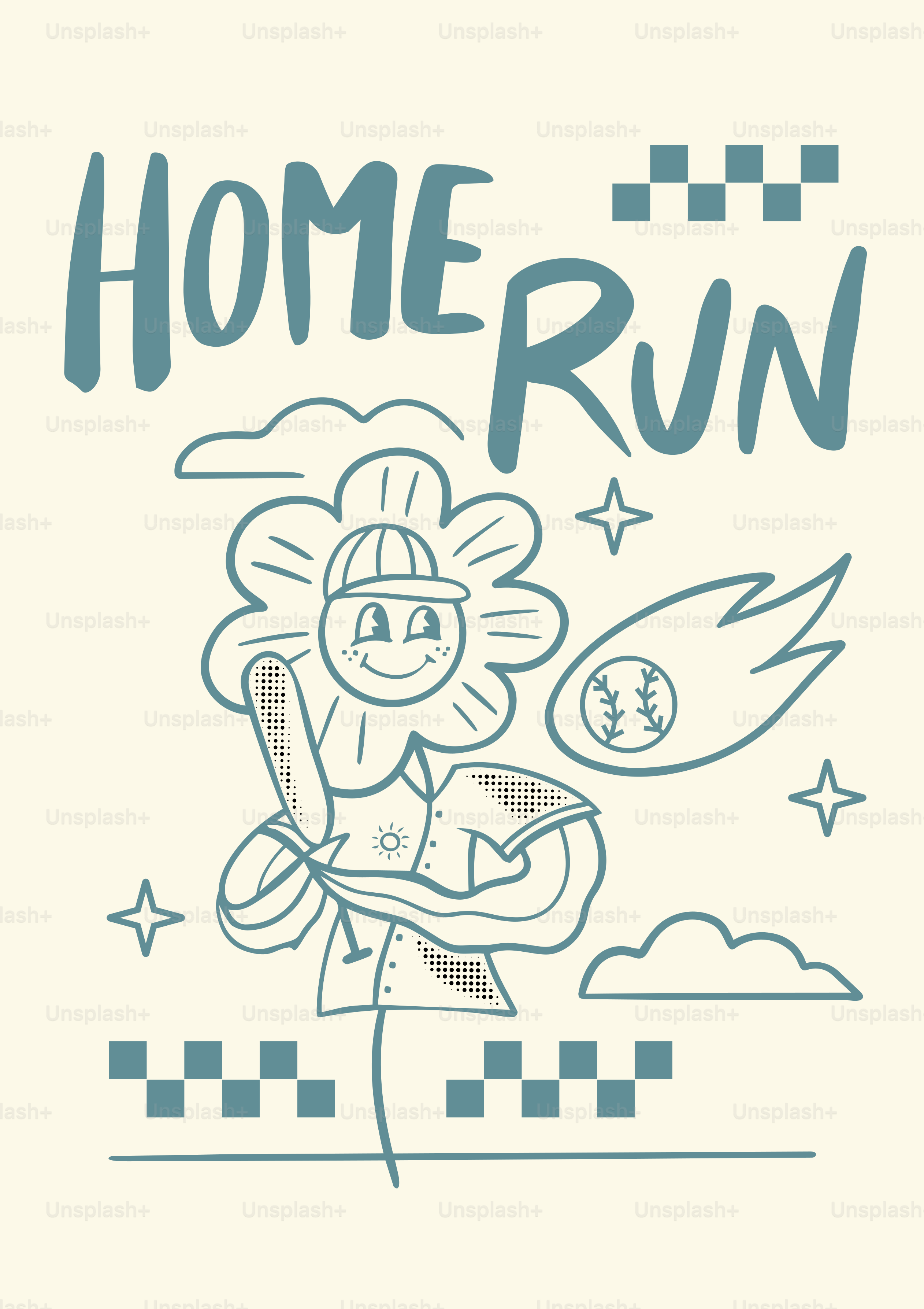 Personaje de flor de dibujos animados jugando al béisbol con home run de texto