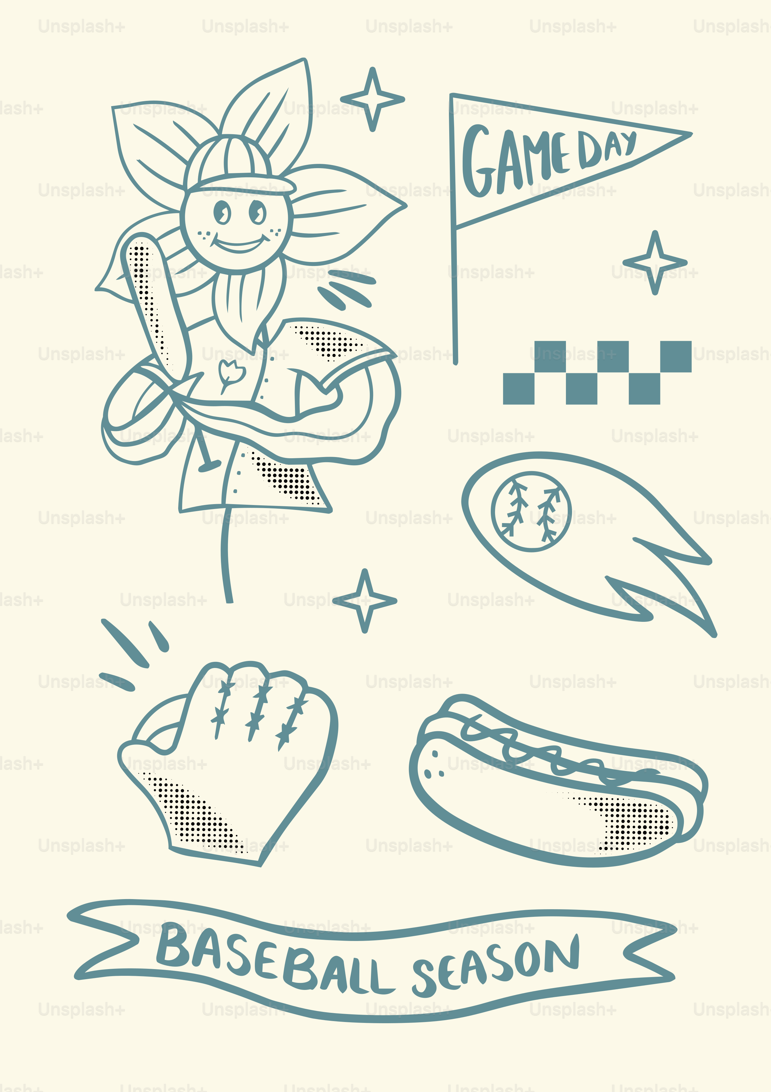 Temporada de béisbol con jugador de flores y perrito caliente