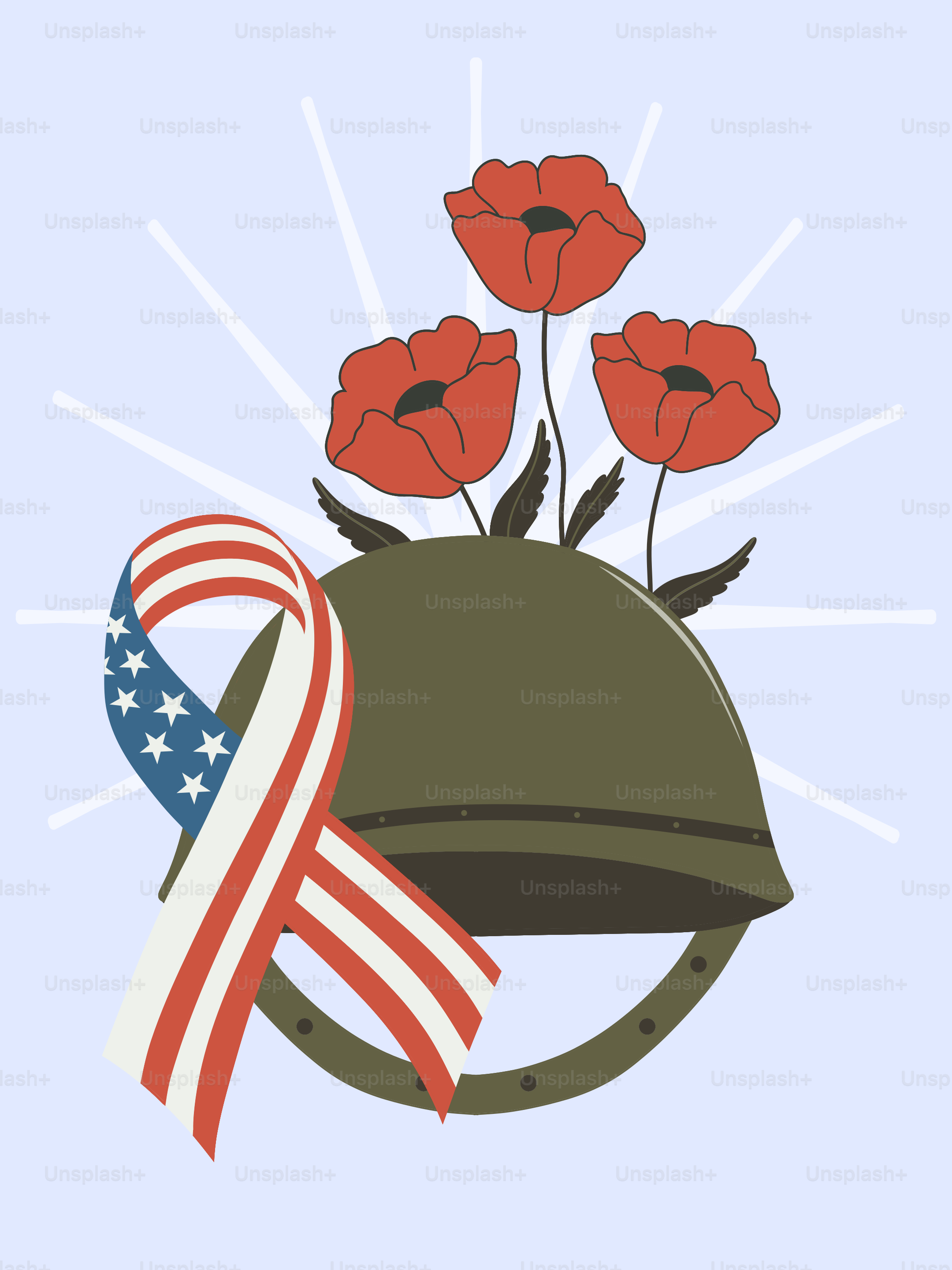 Casque militaire avec coquelicots et ruban du drapeau américain