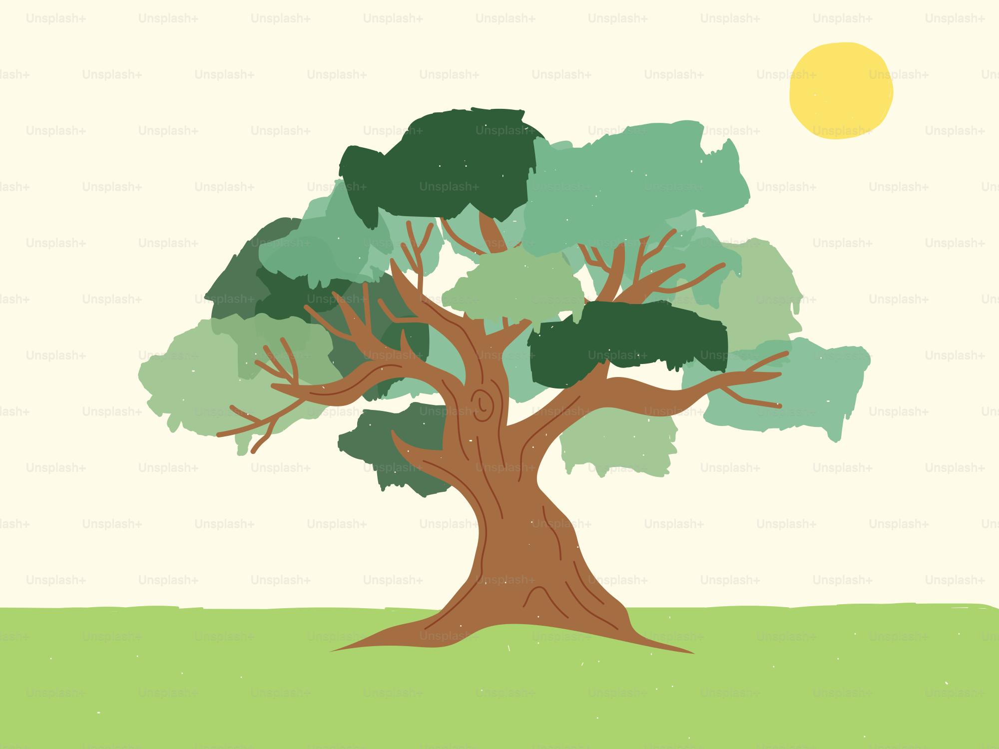 Ein stilisierter Baum mit grünen Blättern unter gelber Sonne.