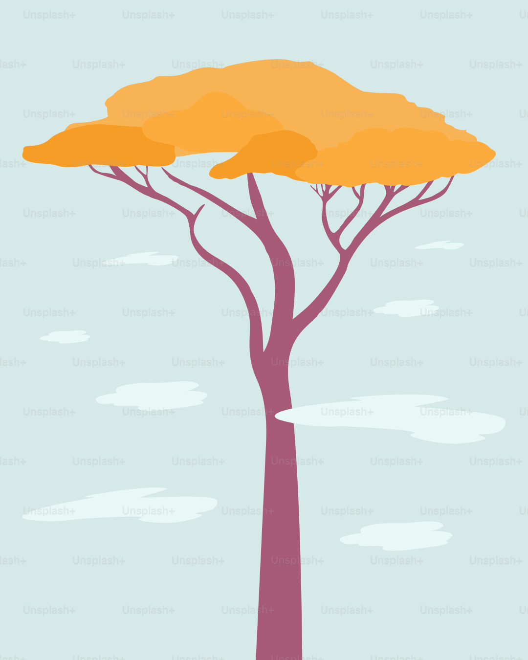 Arbre stylisé au feuillage orange sur un ciel bleu