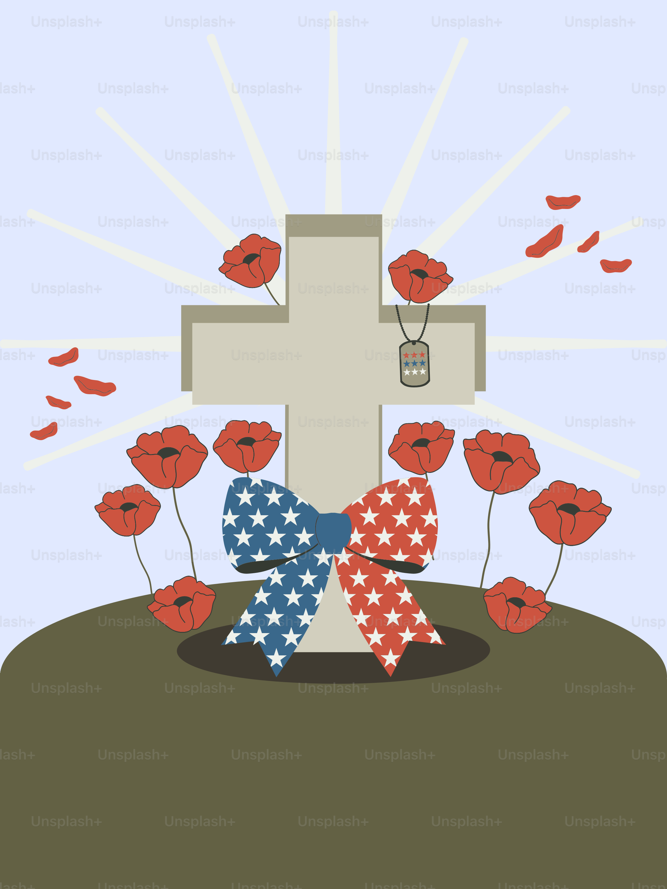 Cross grave with poppies and american flag bow