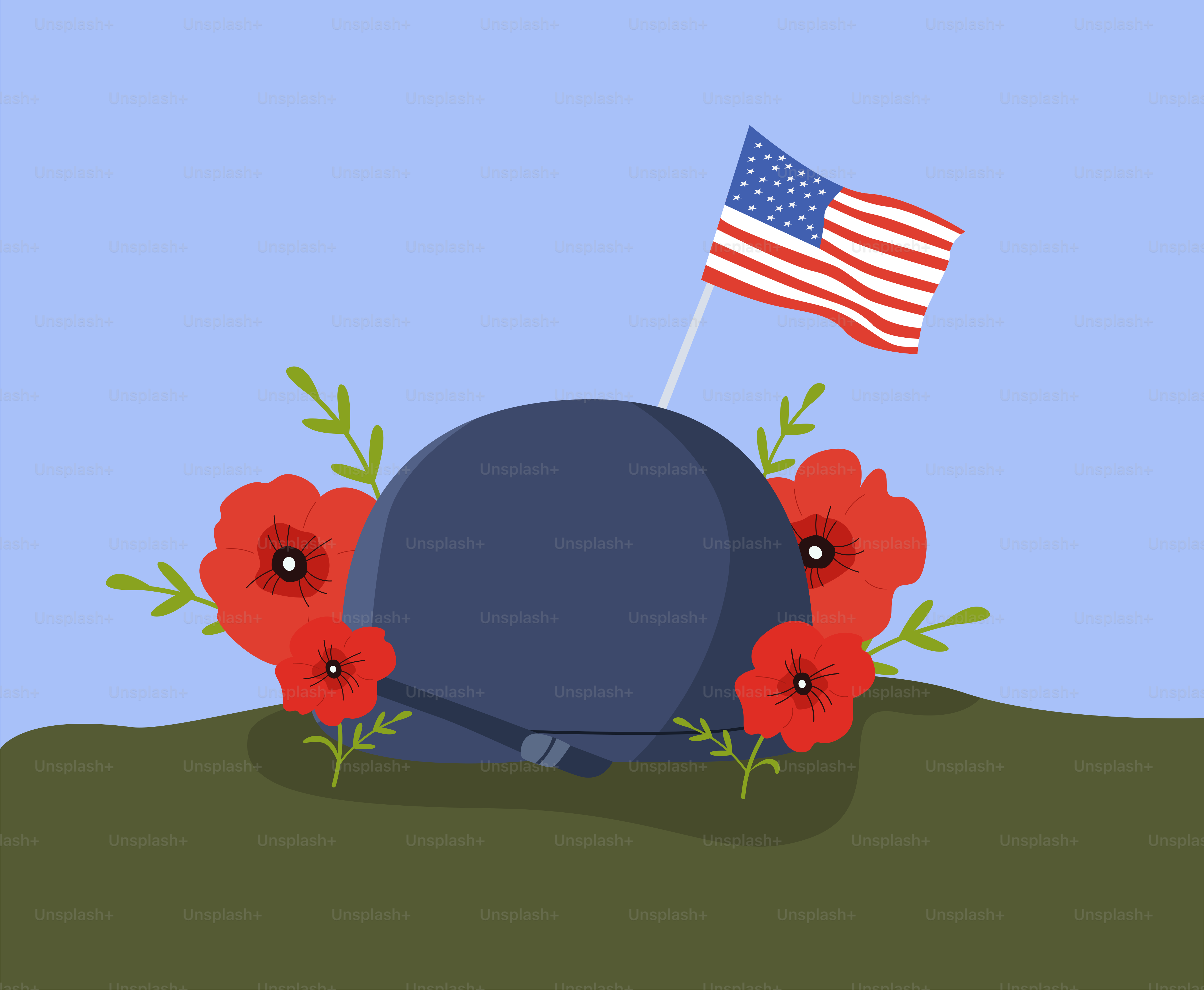 A military helmet with an american flag and poppies.