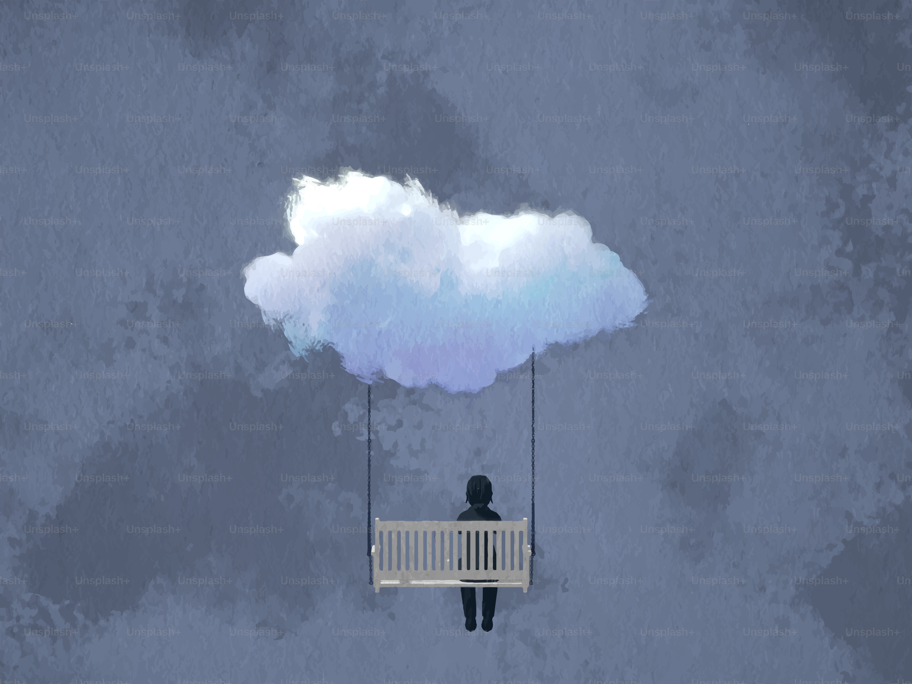 Person on swing suspended from a cloud