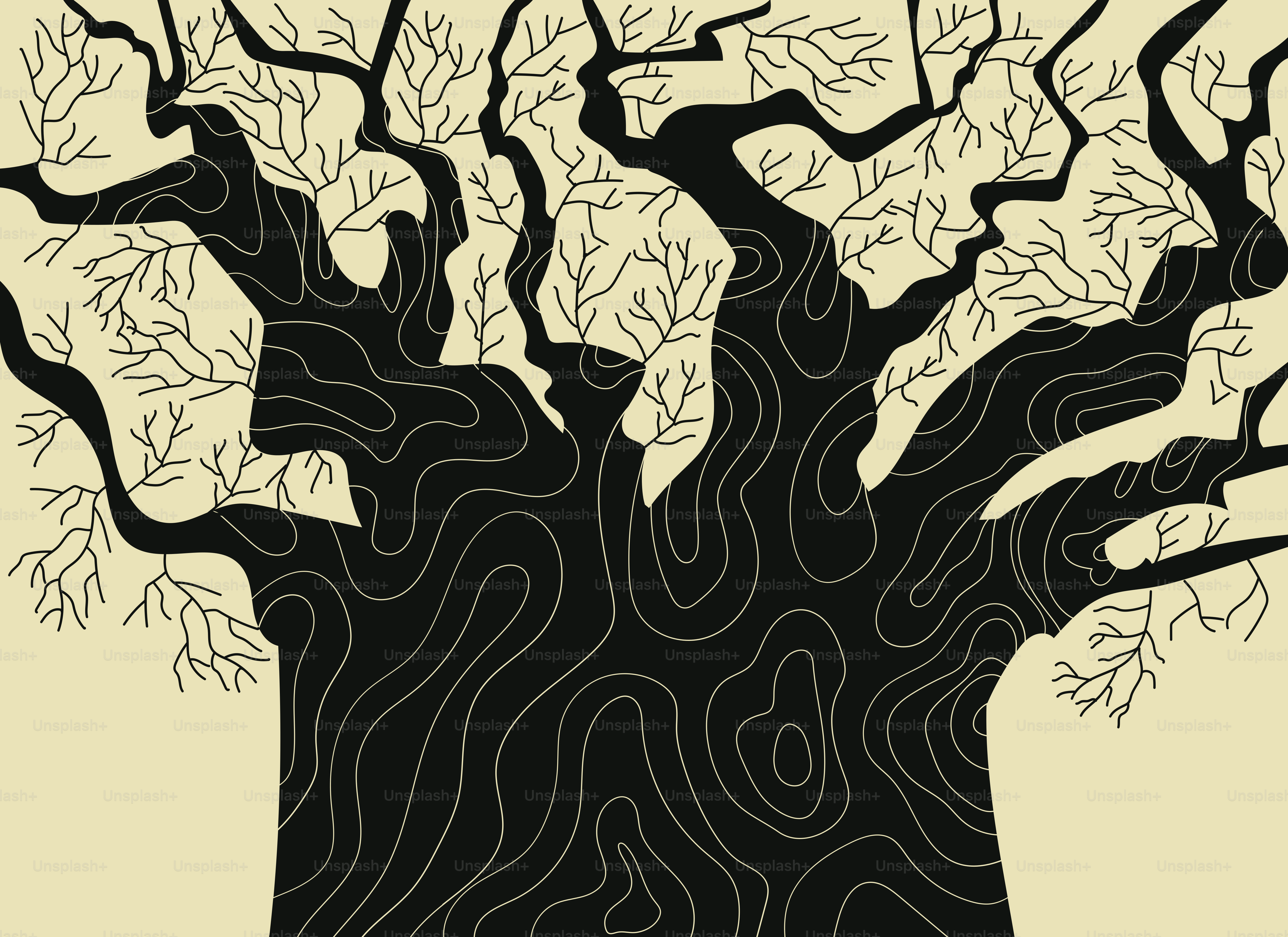 Tronco abstracto de árbol con caras, corteza y ramas negras como la tinta.