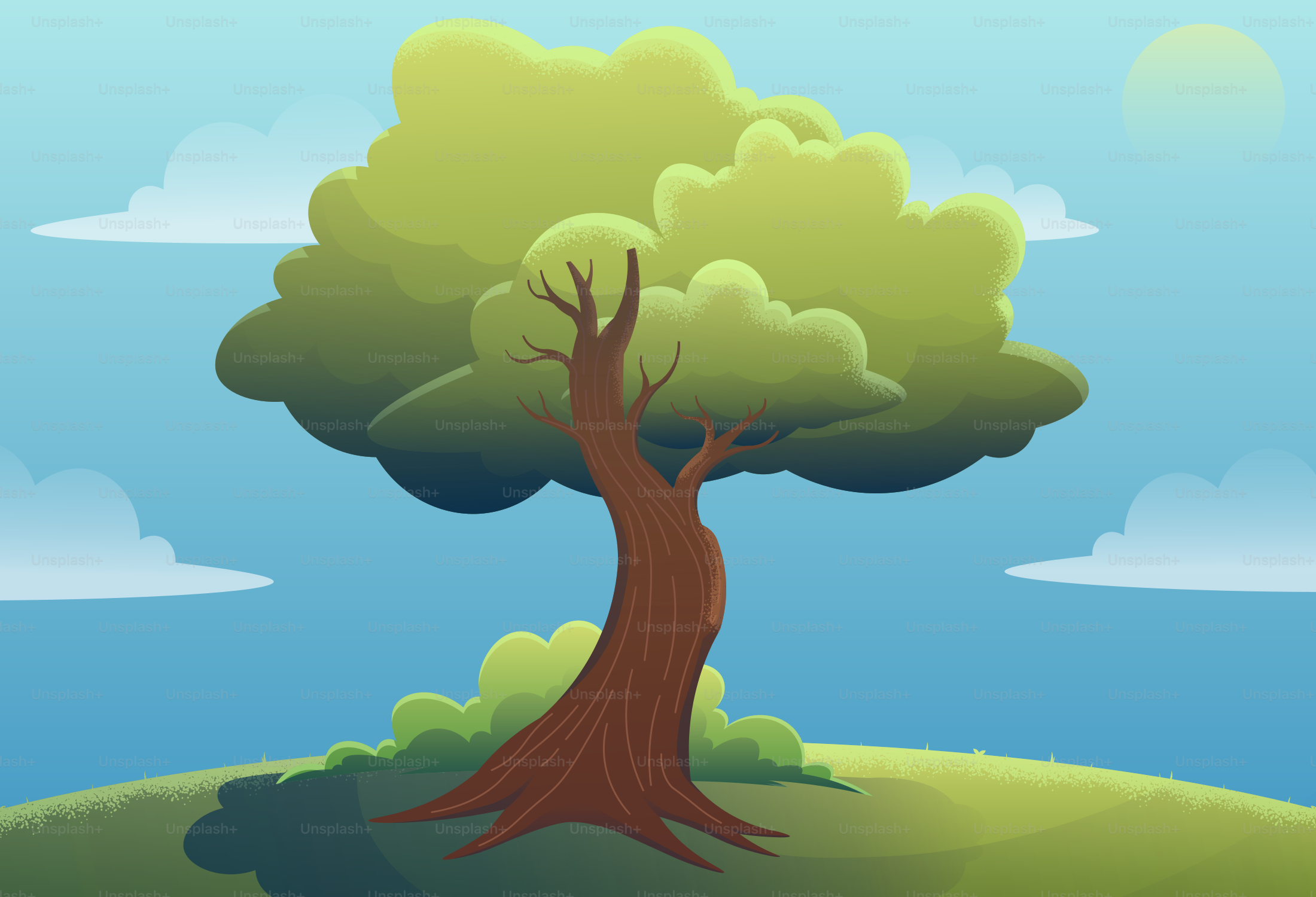 A large tree with green leaves on a grassy hill.
