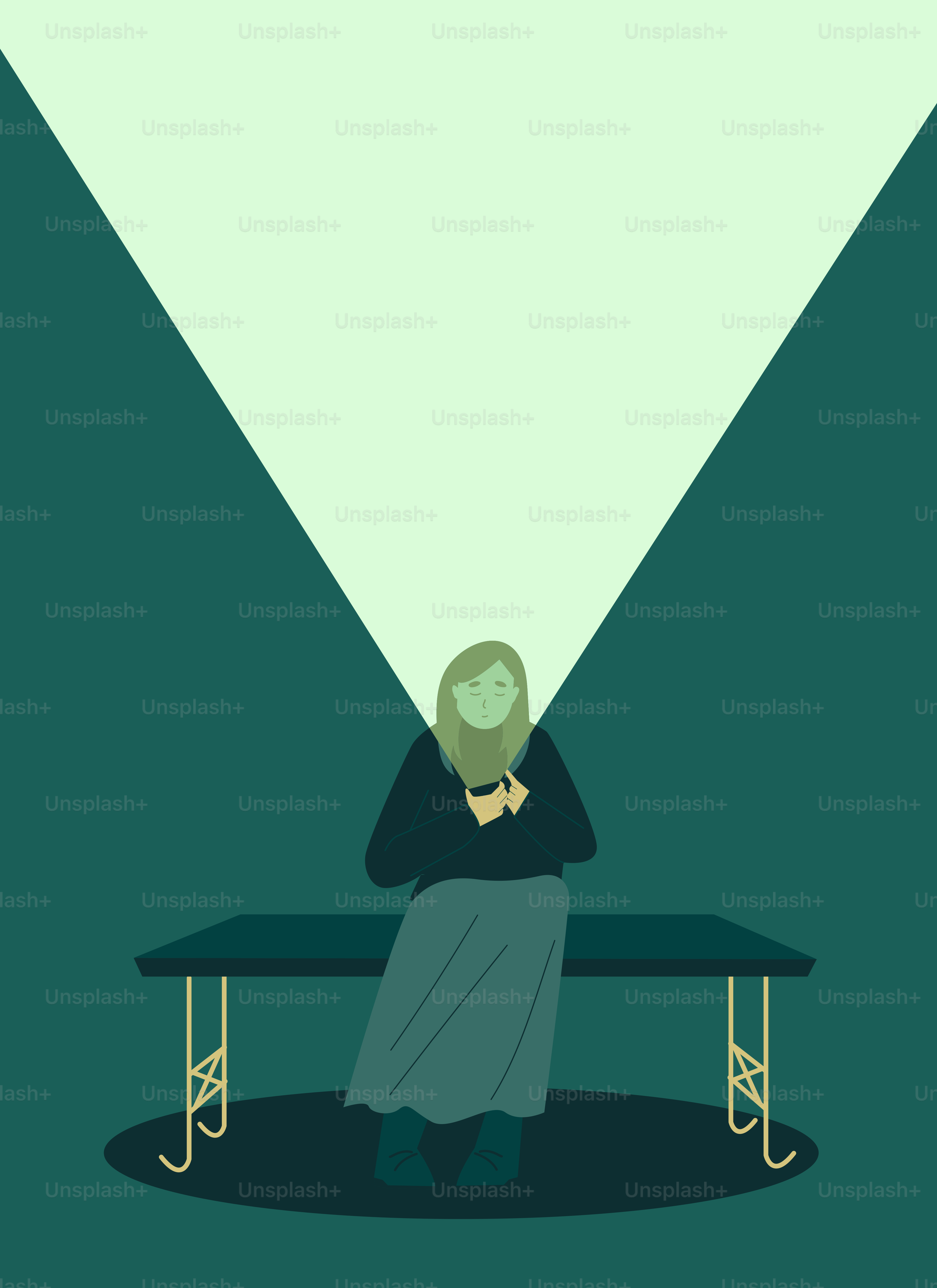 Femme en foulard assise sur un banc sous un projecteur.