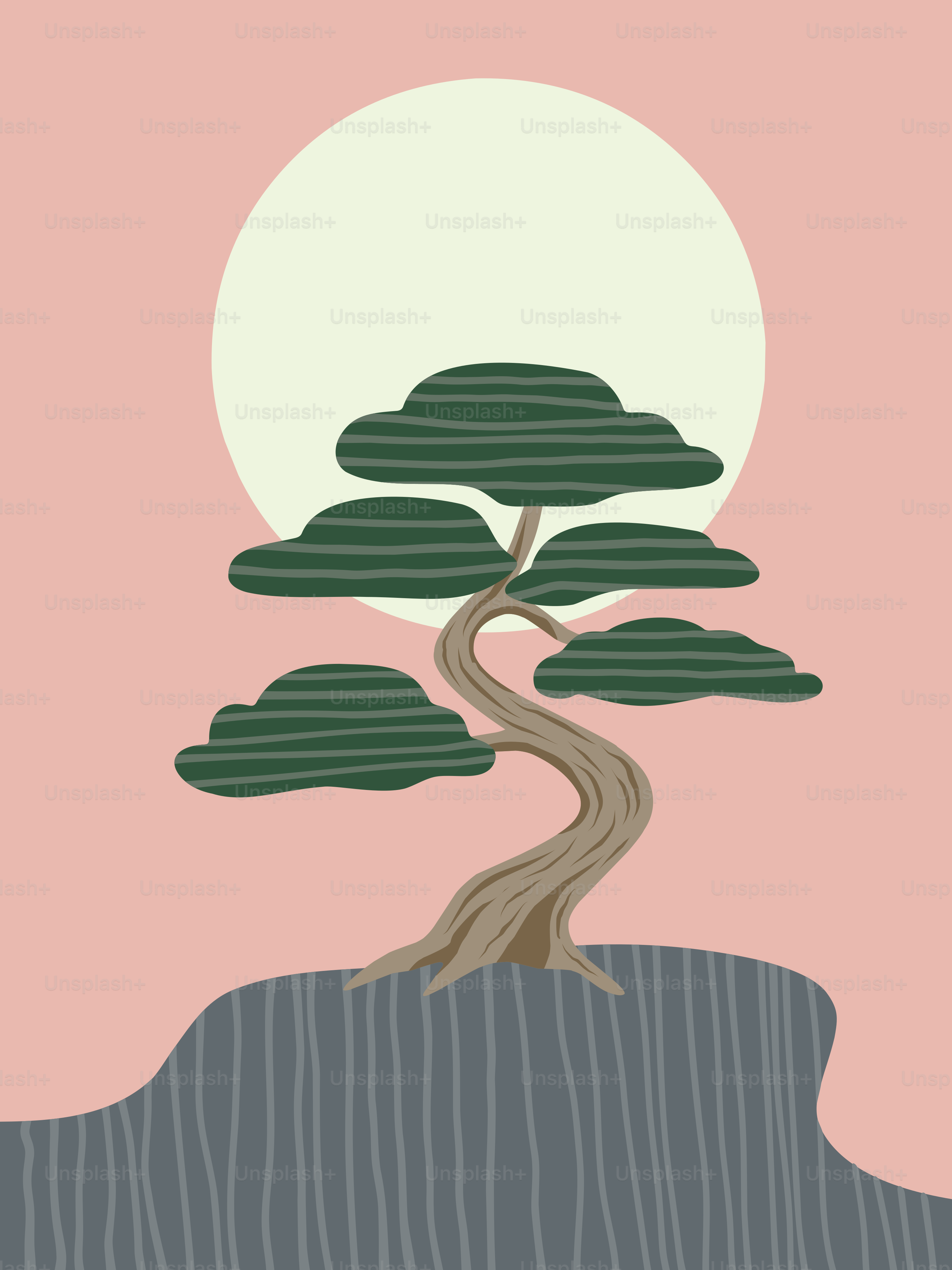 Stylized bonsai tree against a pale sun and pink background.