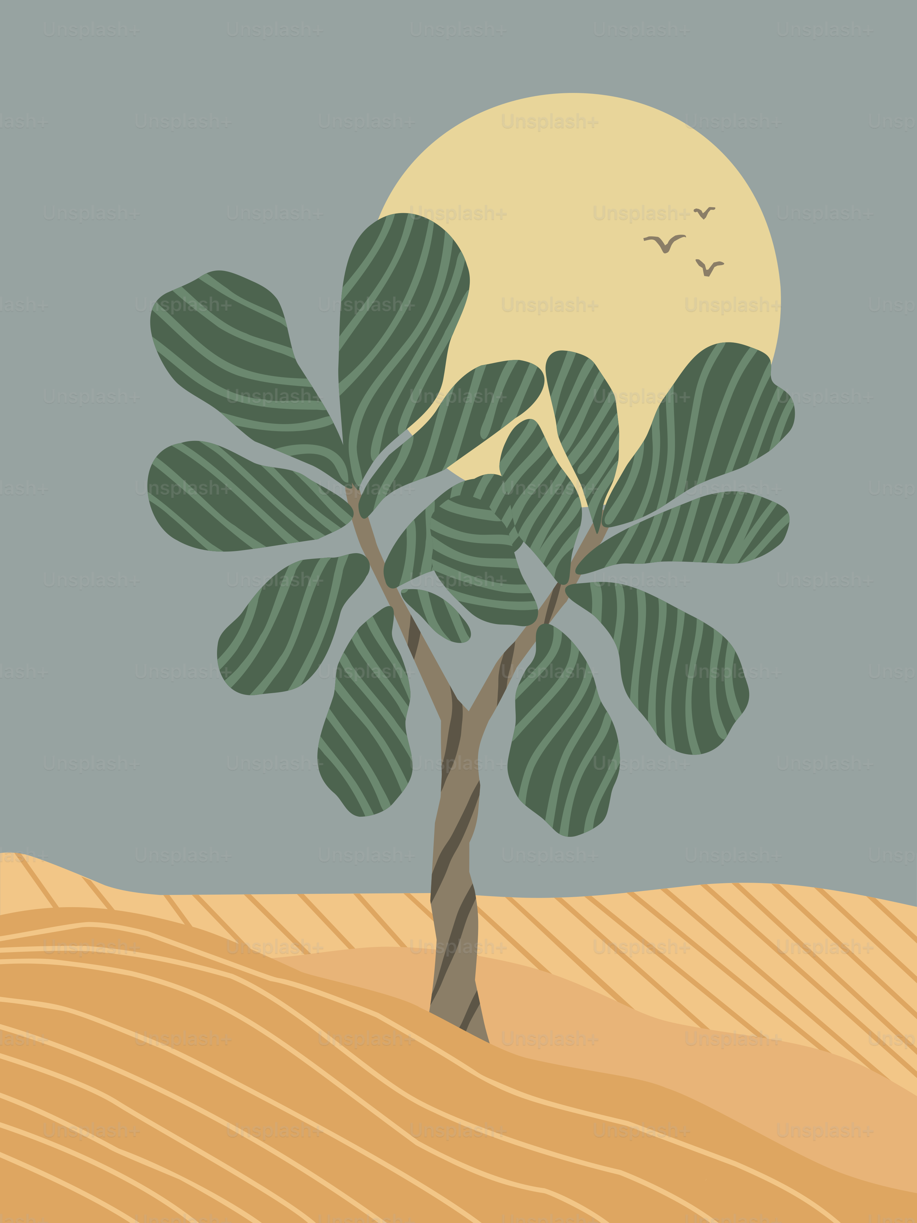 Stylized tree against a muted sun and landscape.