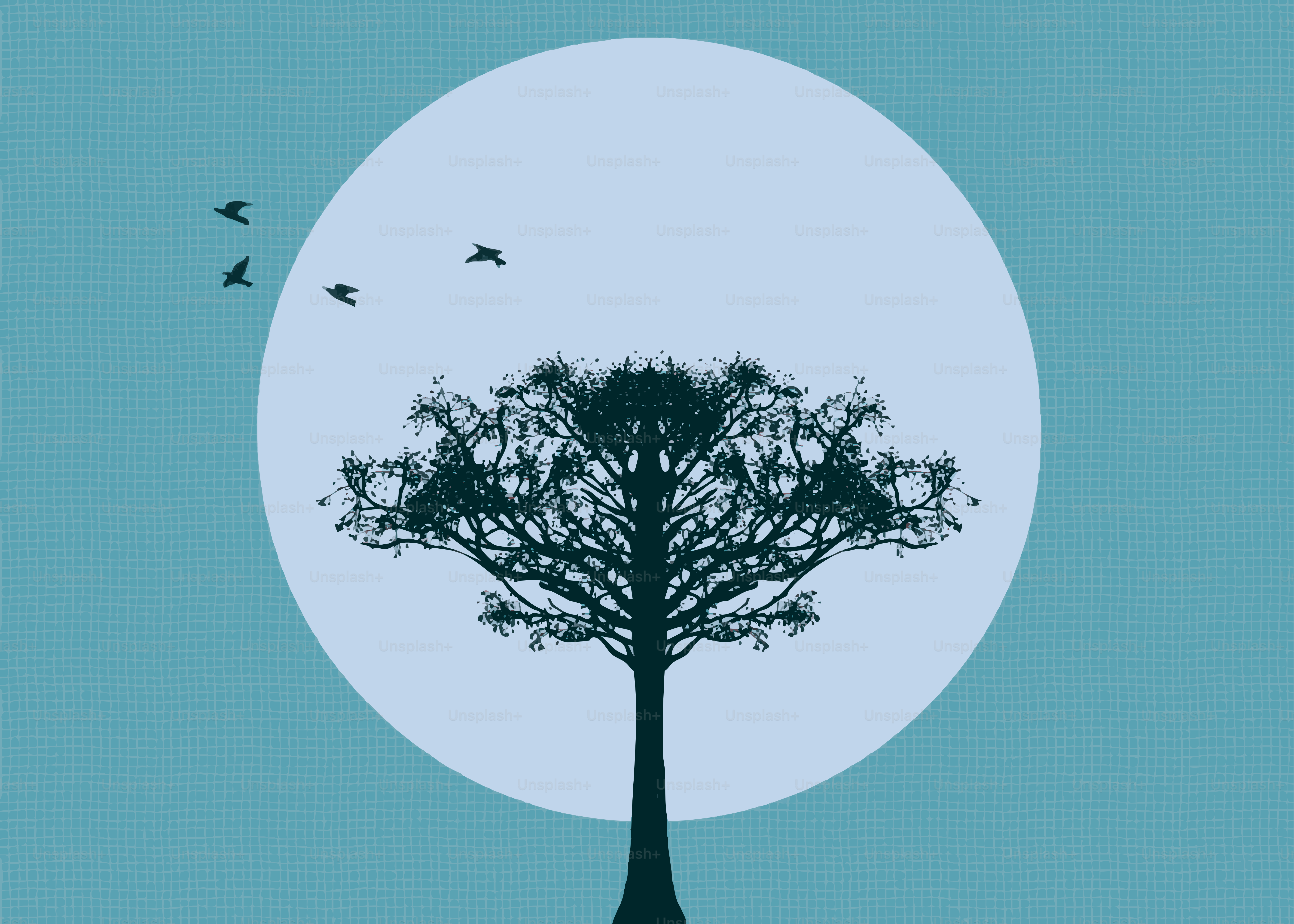 Silhouette eines Baumes vor einem großen Kreis und Vögeln