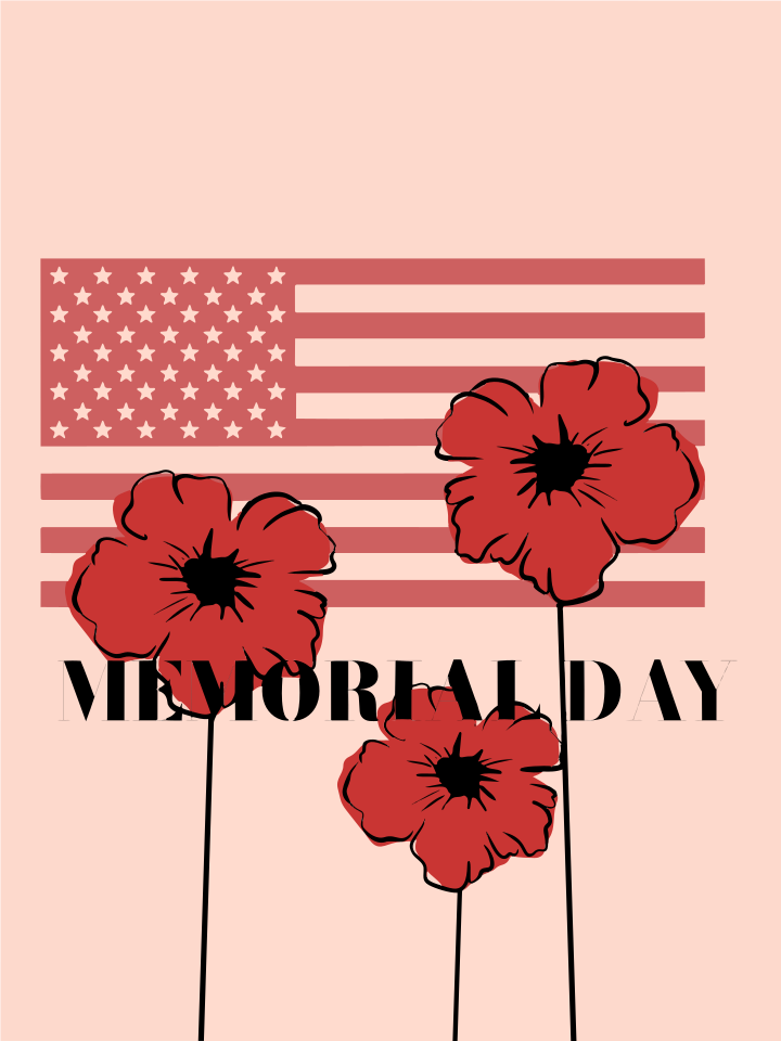 Amapolas rojas con bandera americana y texto del Día de los Caídos.